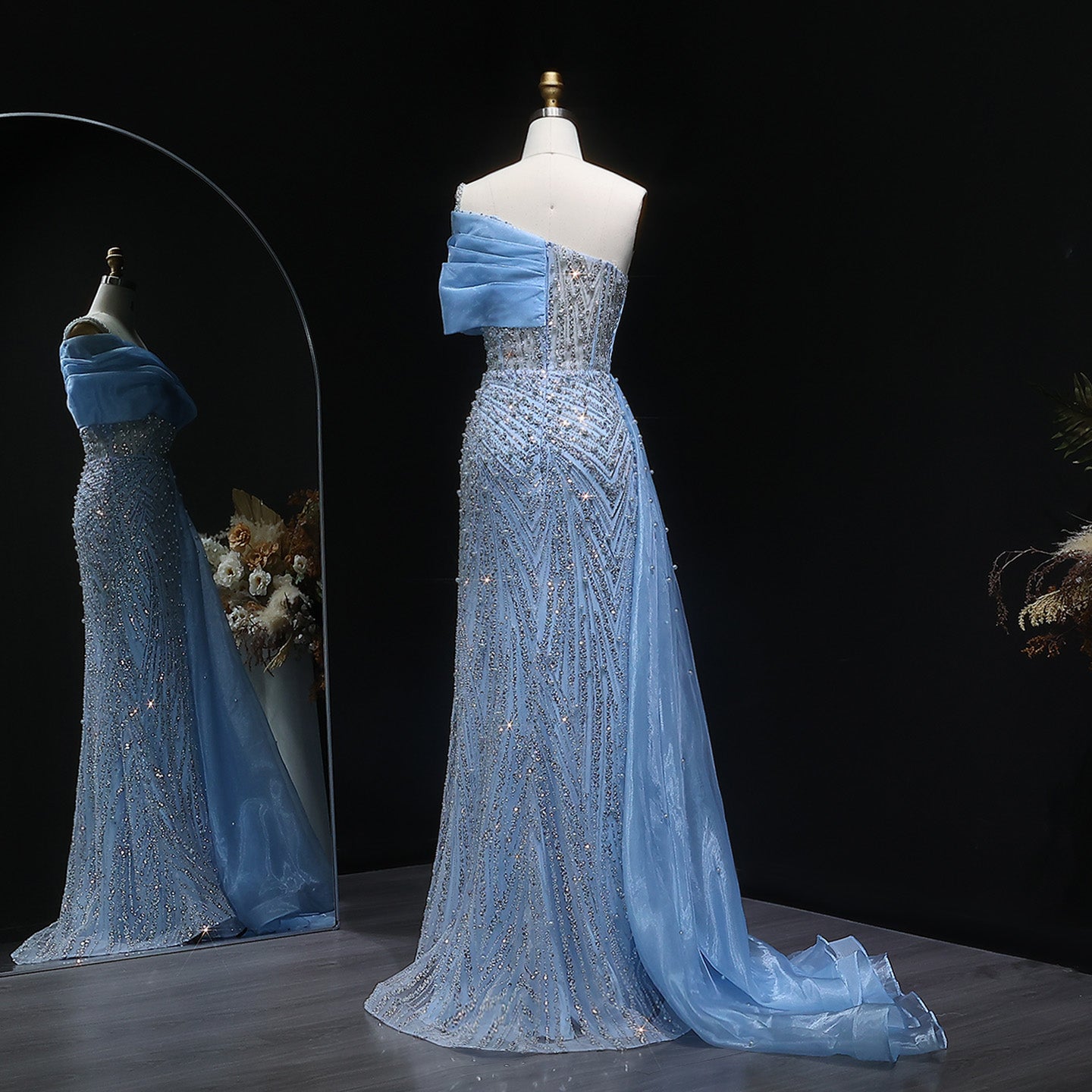 Luxury One Shoulder Blue Evening Dress with Overskirt SS644