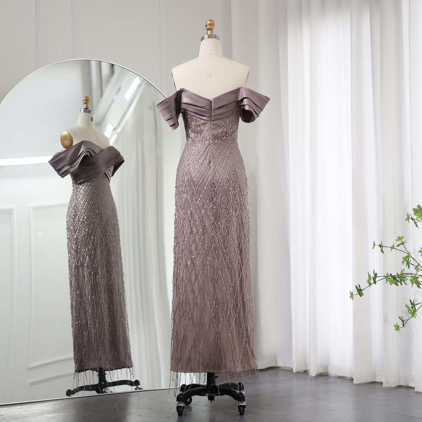 Elegant Off Shoulder Sage Green Tassel Evening Dress SS667