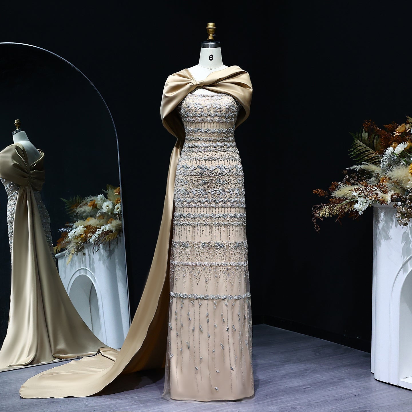 Luxury Sage Green Evening Dress with Cape SS238B  Champagne / US 20