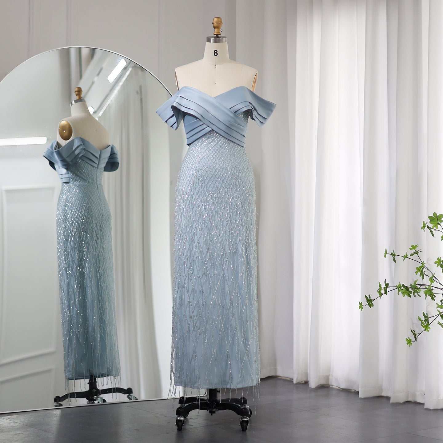 Elegant Off Shoulder Sage Green Tassel Evening Dress SS667  Blue / US 20