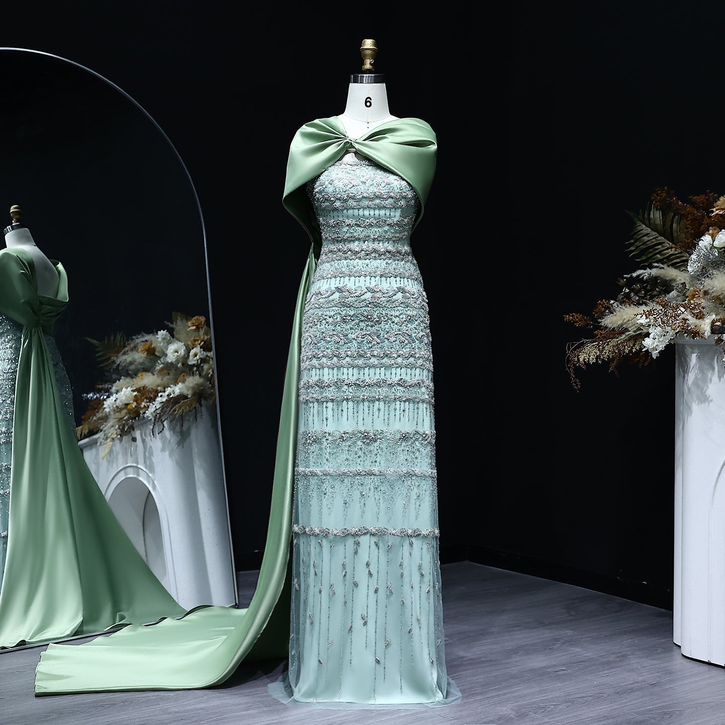 Luxury Sage Green Evening Dress with Cape SS238B  Sage Green / US 20