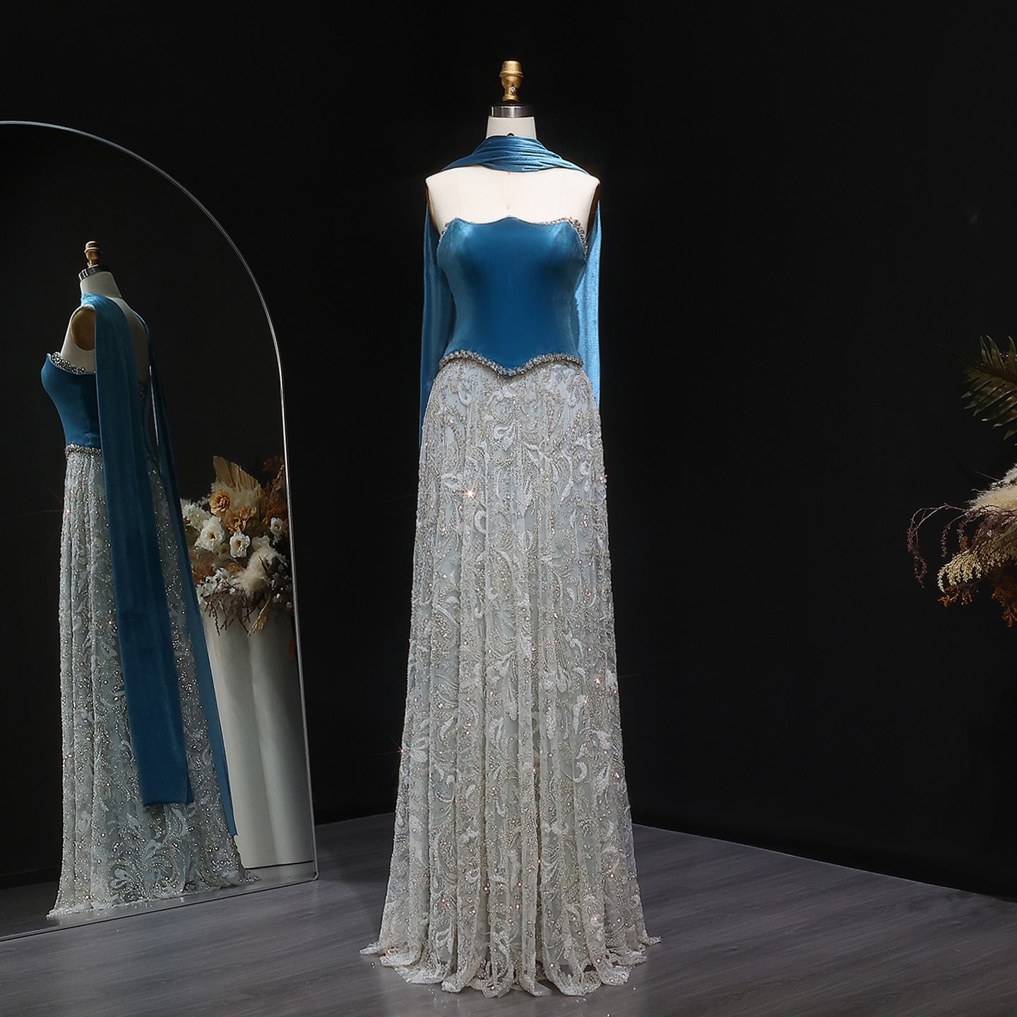 Luxury Beaded Blue Velvet Evening Dress with Scarf  SS793  Turquoise / US 20