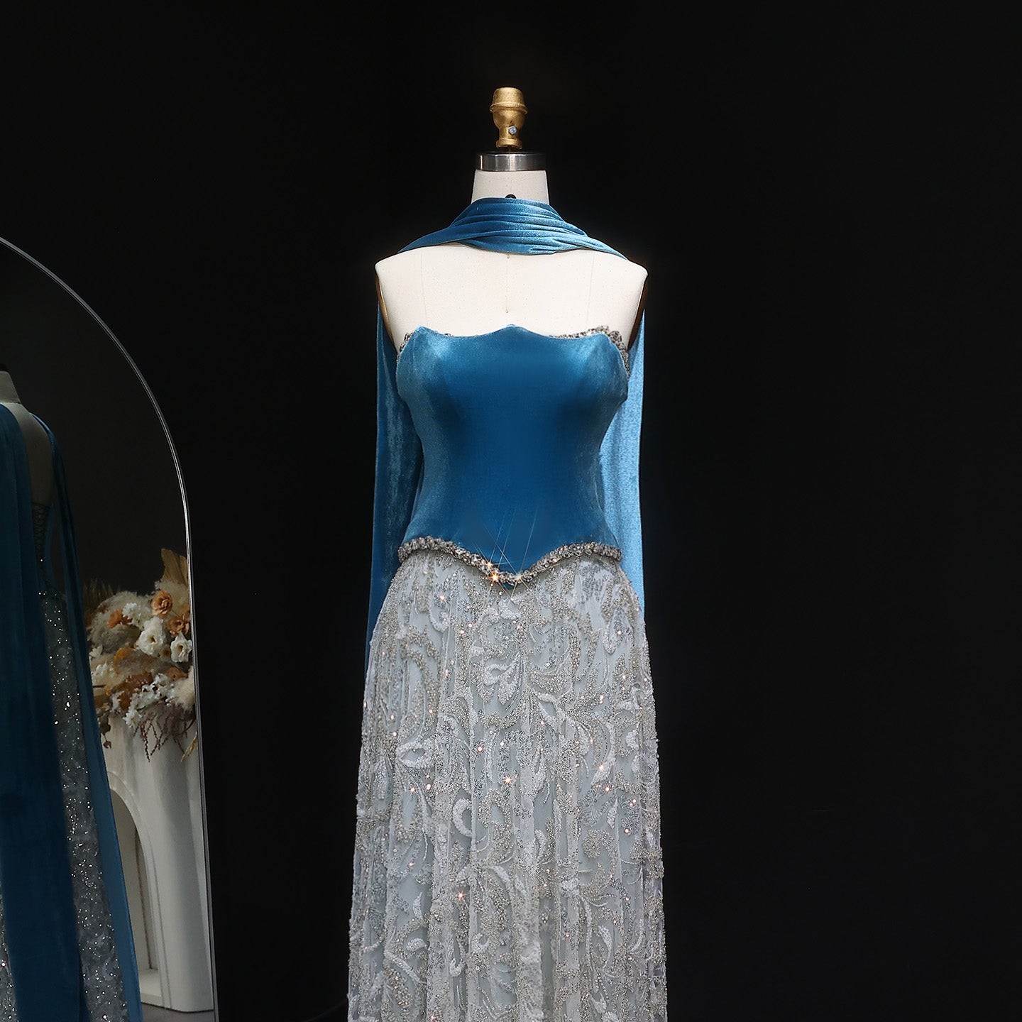 Luxury Beaded Blue Velvet Evening Dress with Scarf  SS793