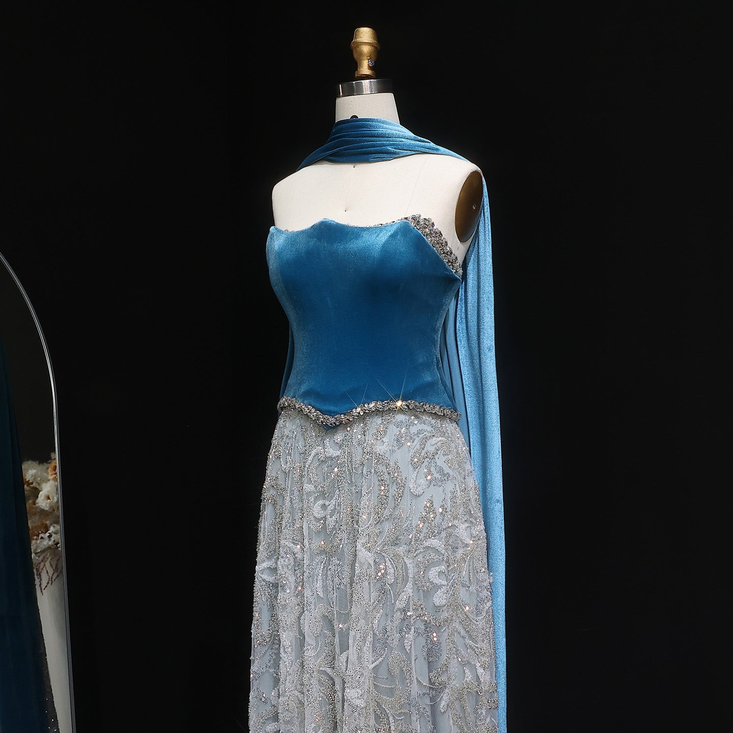 Luxury Beaded Blue Velvet Evening Dress with Scarf  SS793