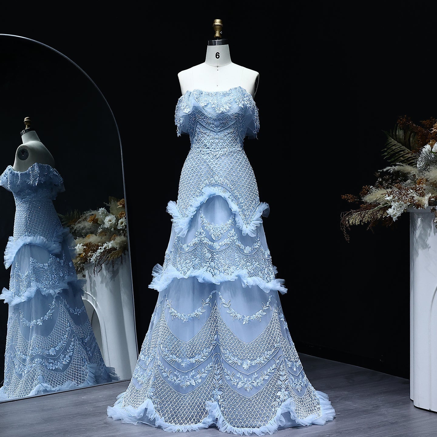 Luxury Silver Gray Off Shoulder Evening Dress SS485  Blue / US 18