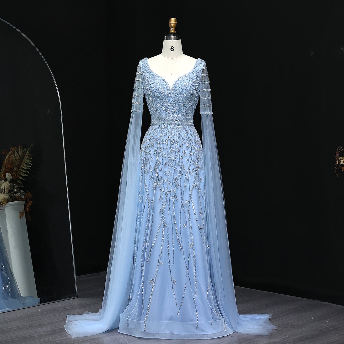 Luxury Pink Beaded Evening Dress with Cape Sleeves SS034  Blue / US 18