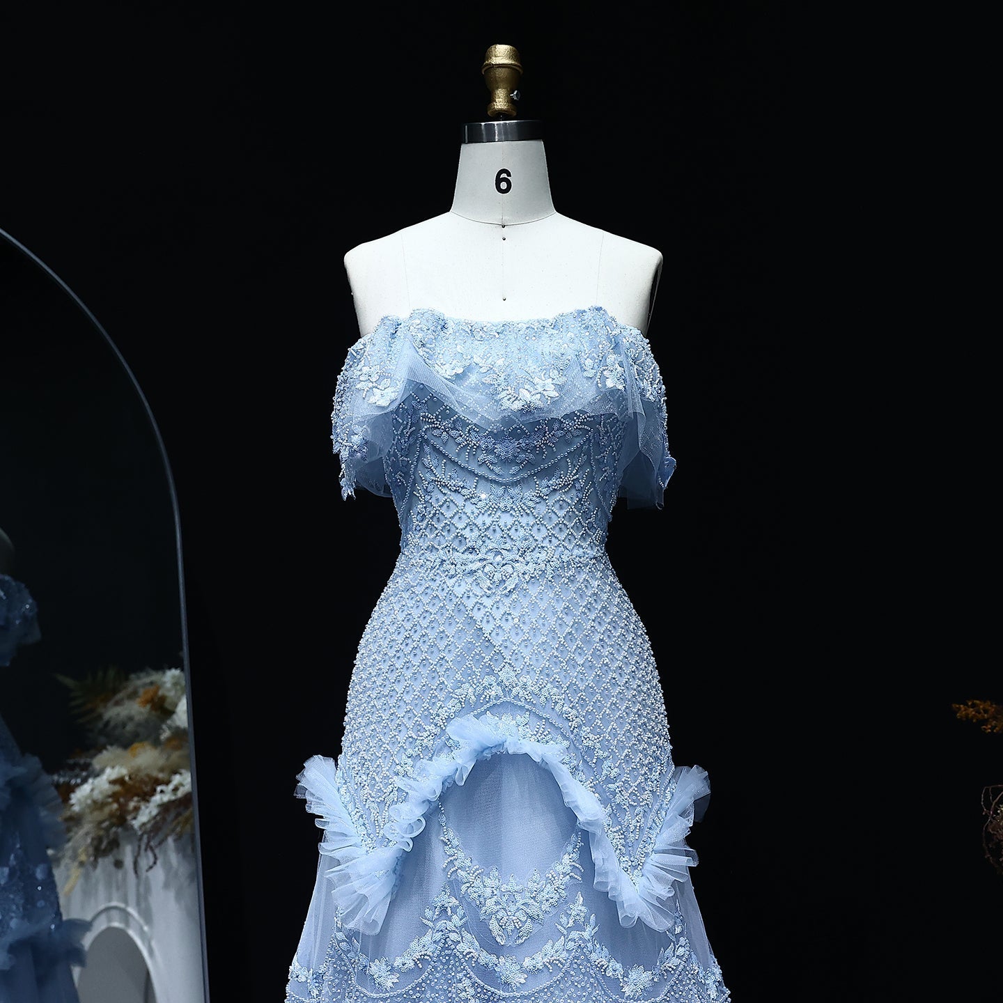 Luxury Silver Gray Off Shoulder Evening Dress SS485