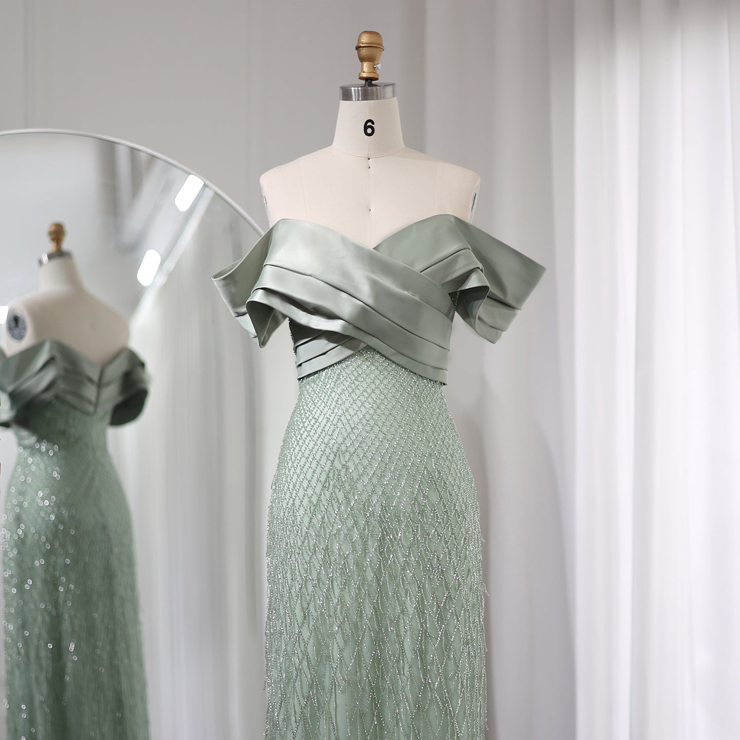 Elegant Off Shoulder Sage Green Tassel Evening Dress SS667