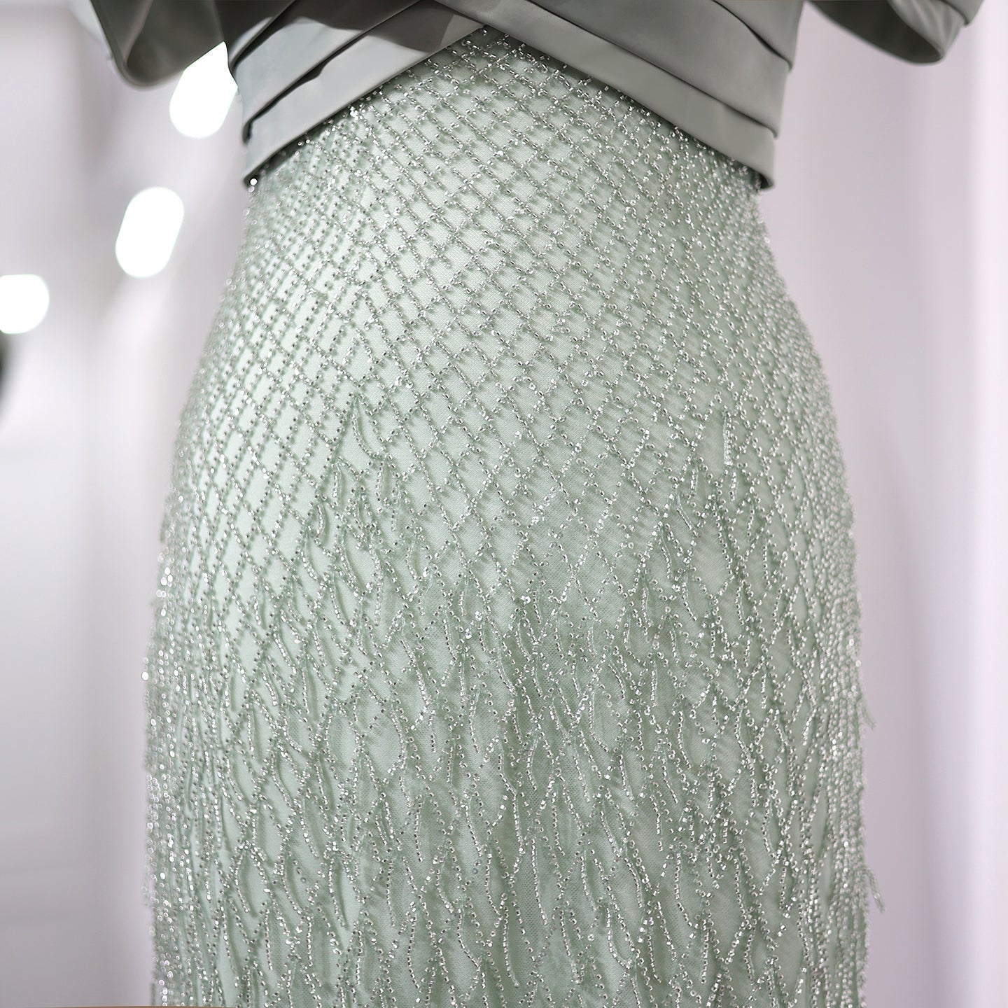 Elegant Off Shoulder Sage Green Tassel Evening Dress SS667