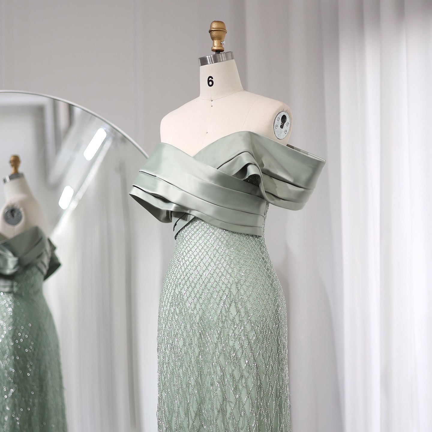 Elegant Off Shoulder Sage Green Tassel Evening Dress SS667