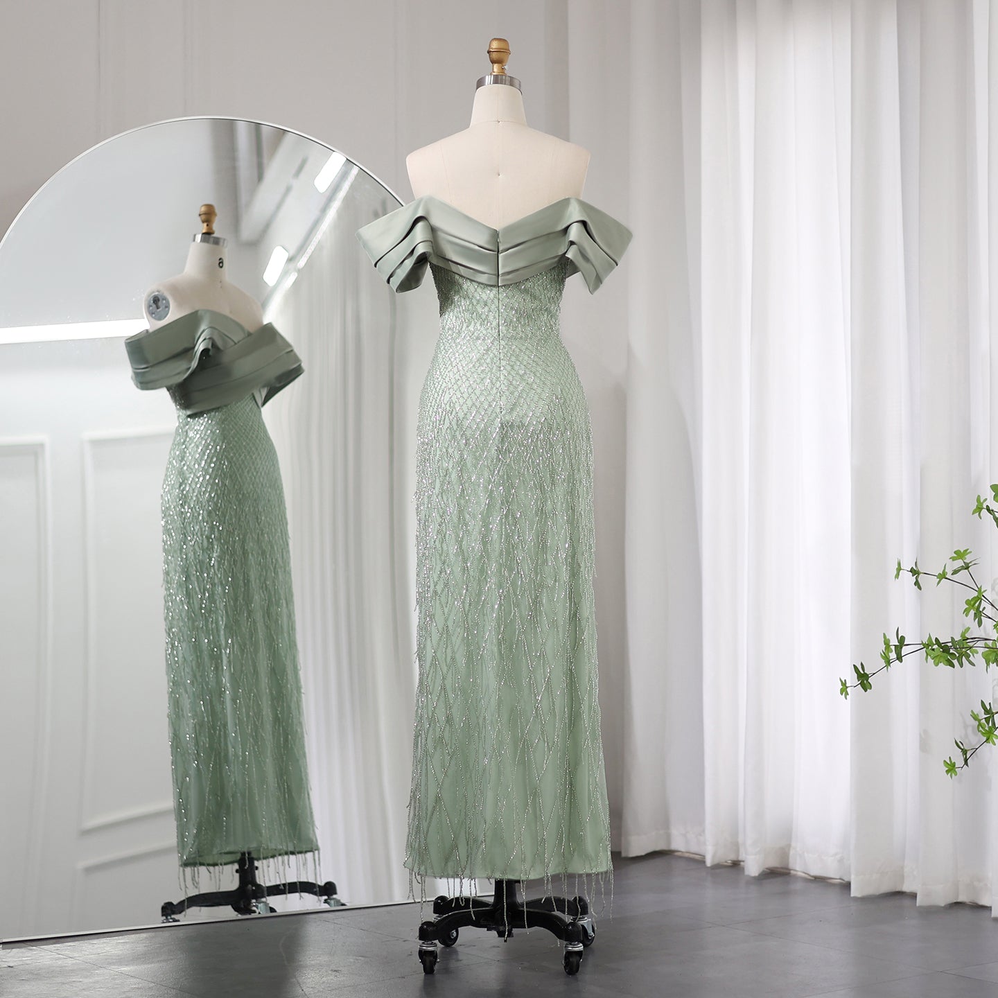 Elegant Off Shoulder Sage Green Tassel Evening Dress SS667