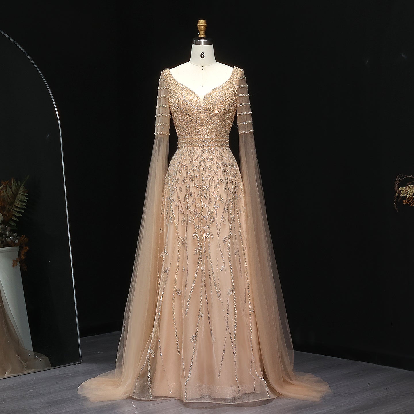 Luxury Pink Beaded Evening Dress with Cape Sleeves SS034  Gold / US 18