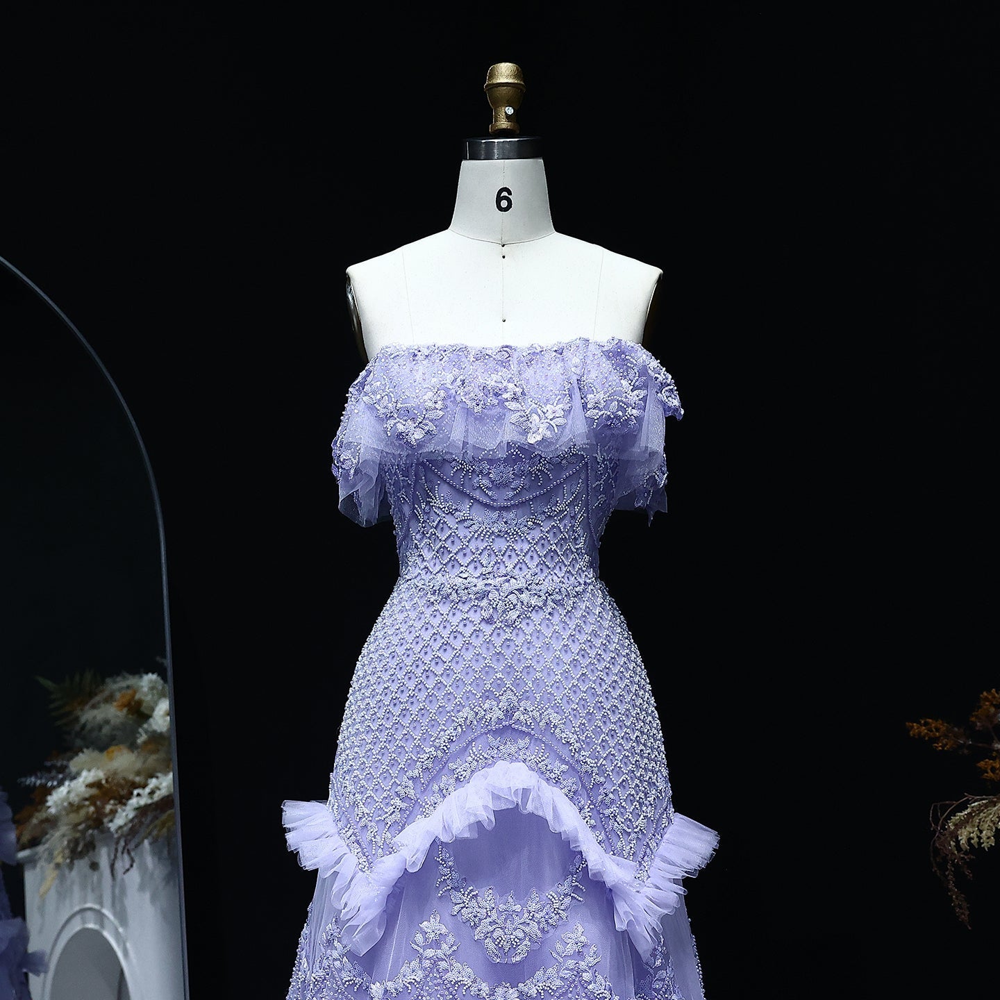 Luxury Silver Gray Off Shoulder Evening Dress SS485