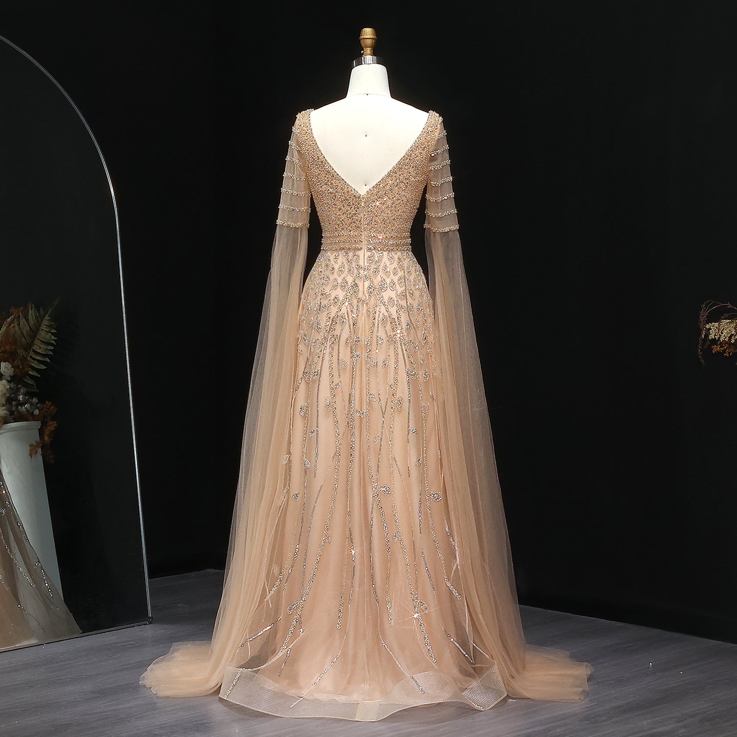 Luxury Pink Beaded Evening Dress with Cape Sleeves SS034