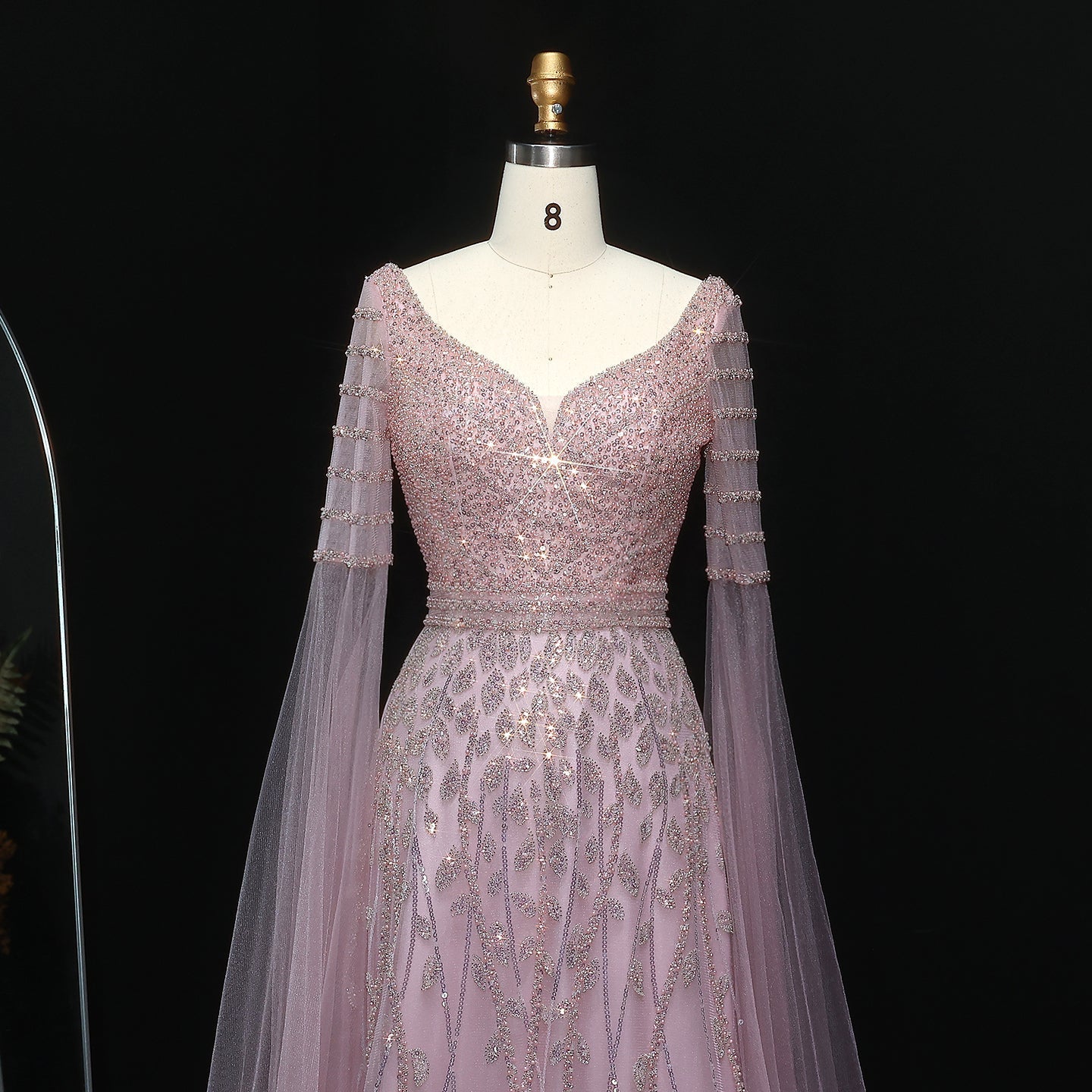 Luxury Pink Beaded Evening Dress with Cape Sleeves SS034