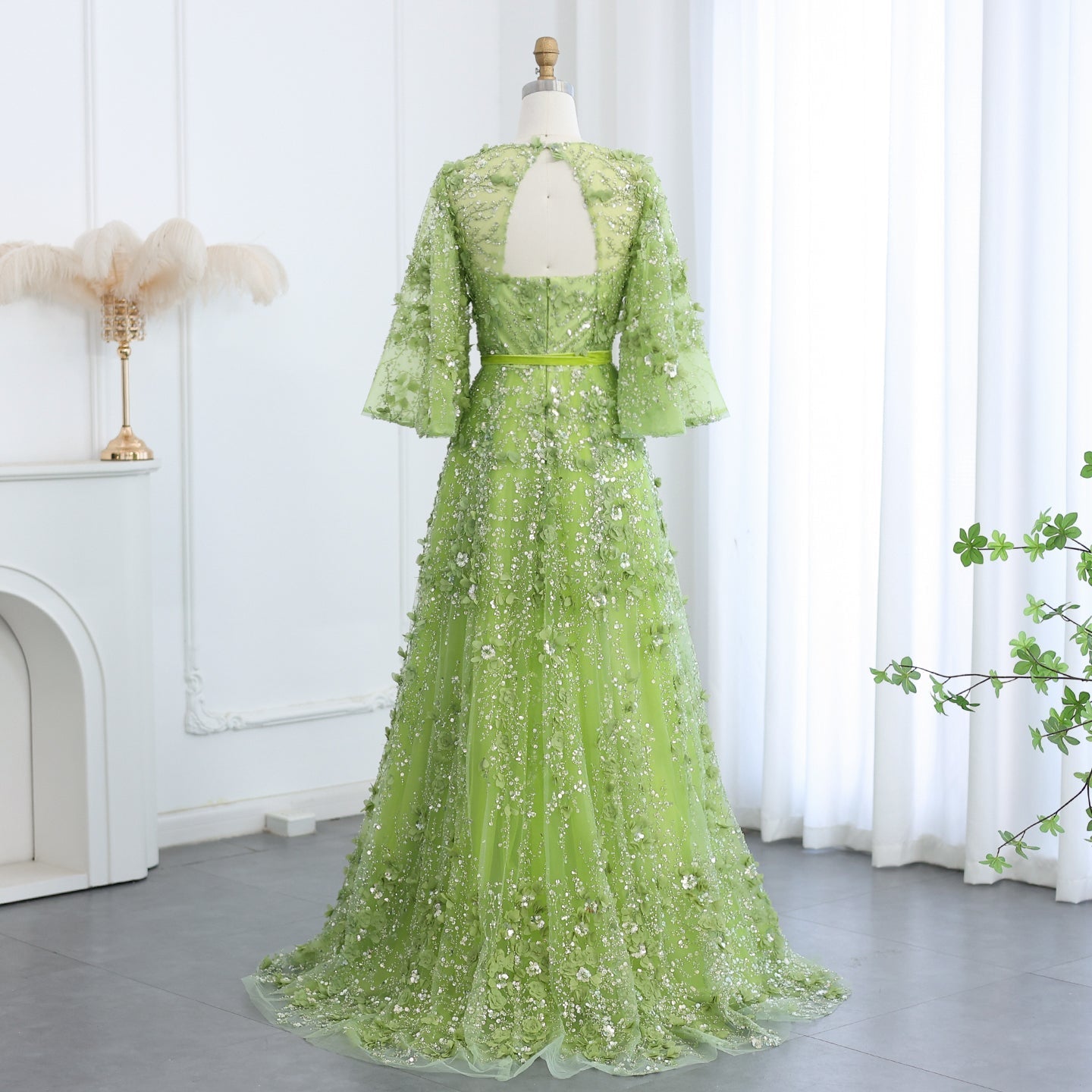 Sexy V-neck Green 3D Embroidered Flowers Evening Dress SS354