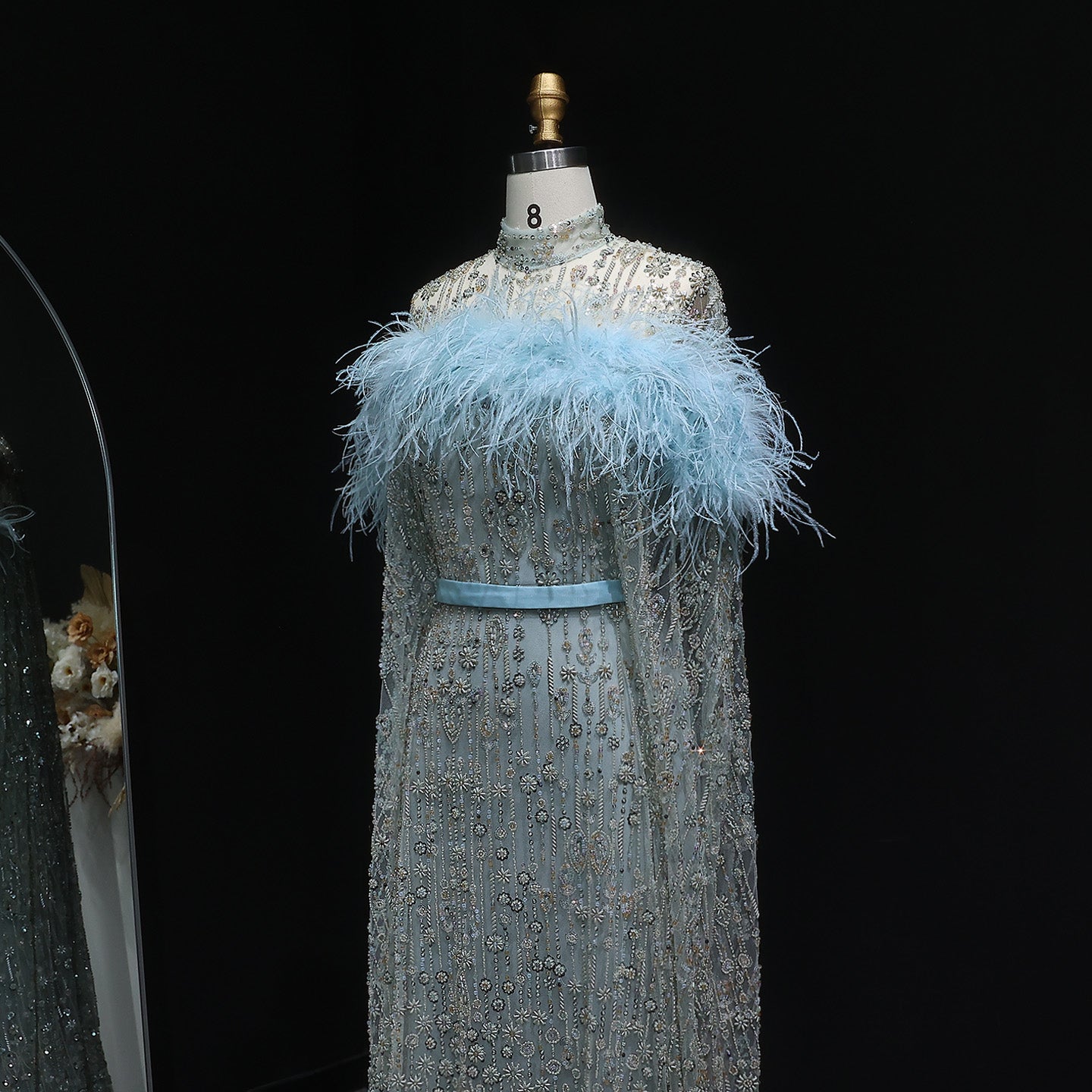 Luxury Beaded Dubai Kaftan Feathers Evening Dress with Cape Sleeves SS665