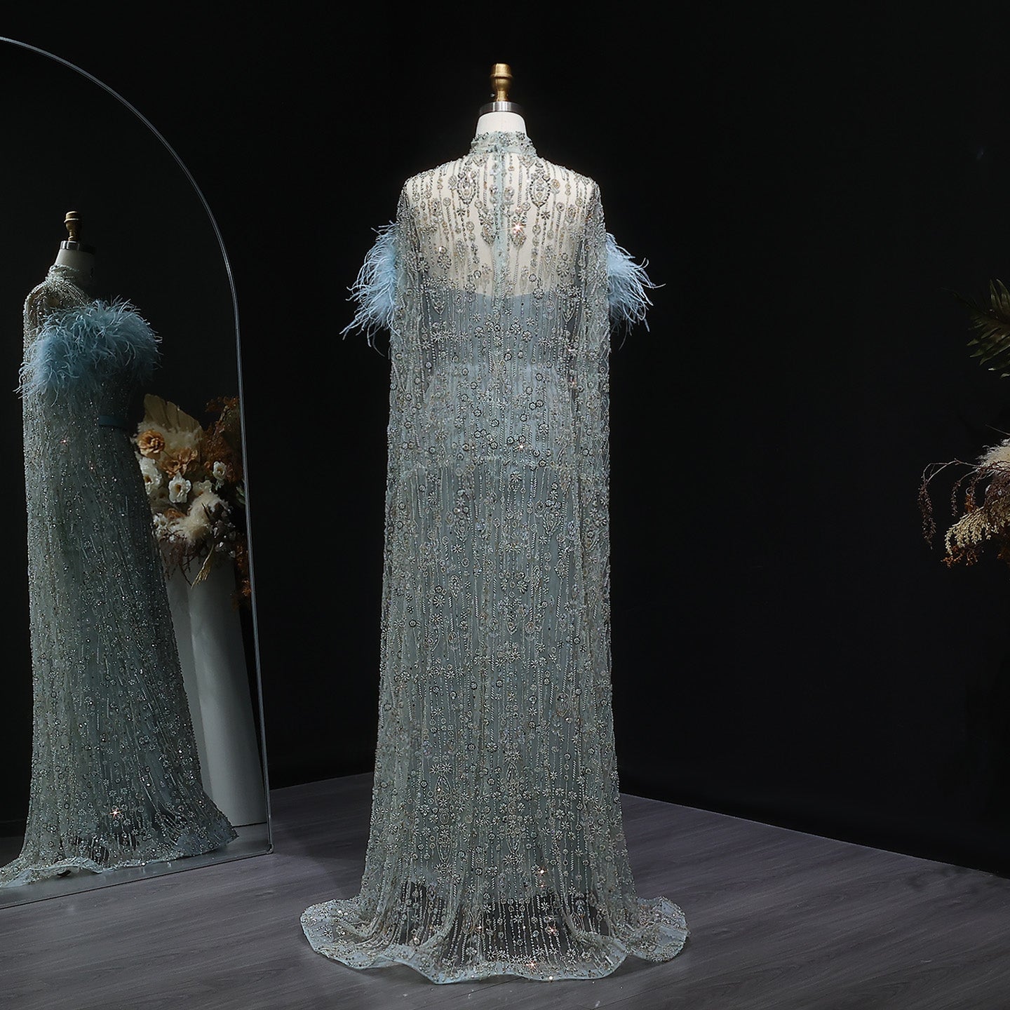 Luxury Beaded Dubai Kaftan Feathers Evening Dress with Cape Sleeves SS665