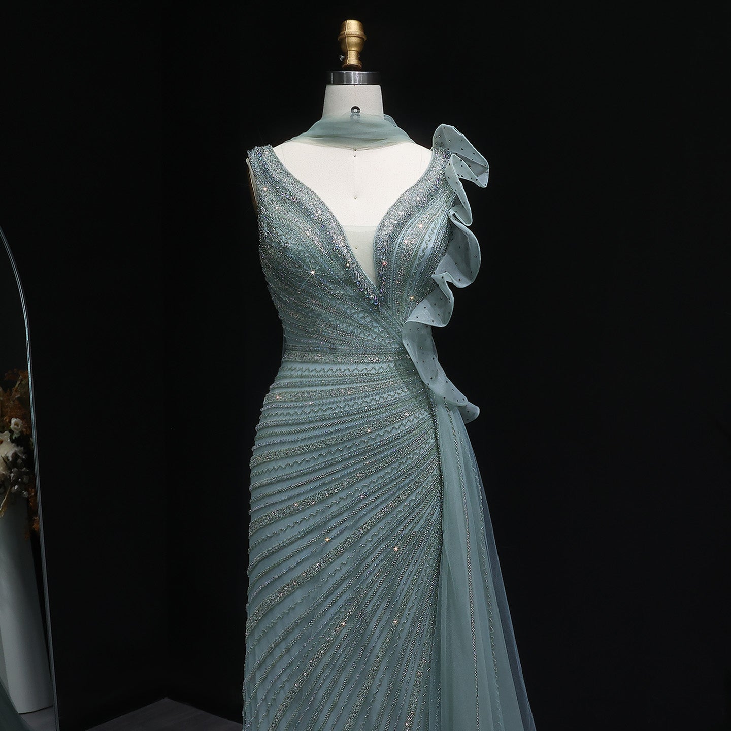 Luxury Beaded Mermaid Evening Dress with Scarf and Overskirt SS189