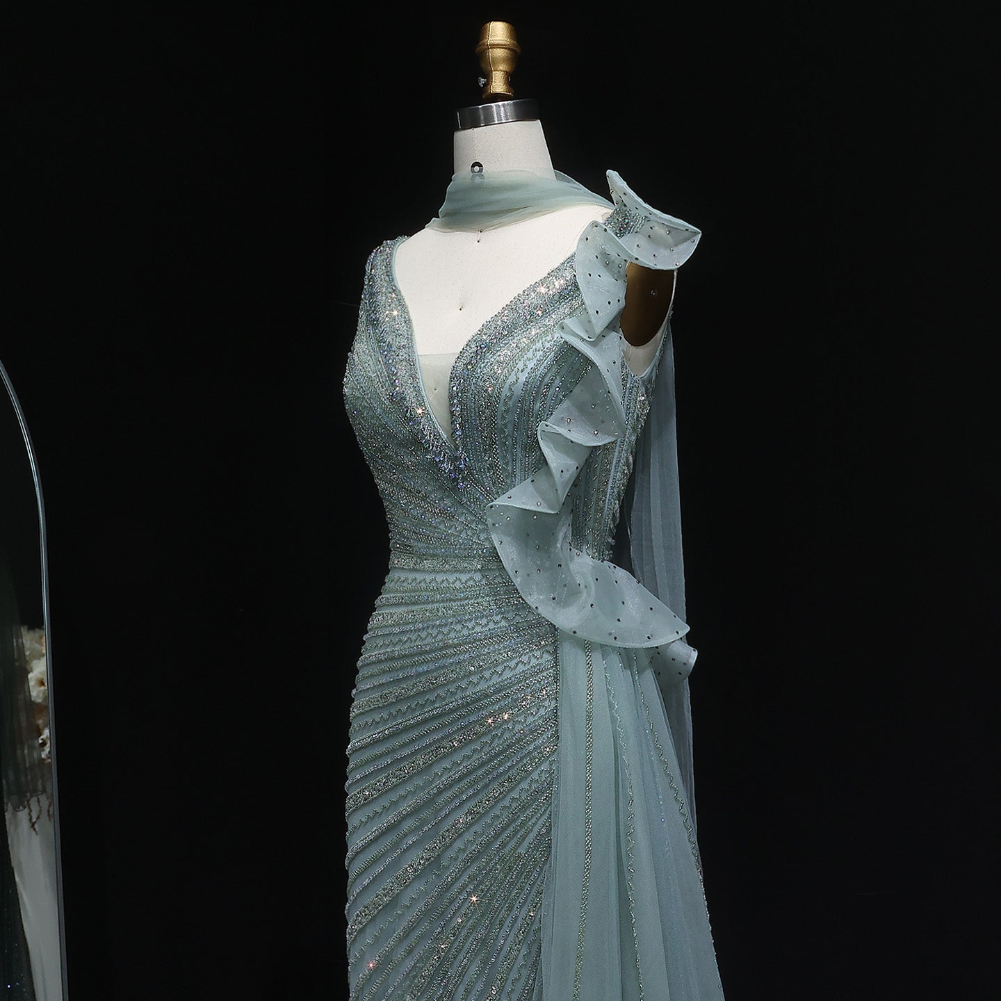 Luxury Beaded Mermaid Evening Dress with Scarf and Overskirt SS189