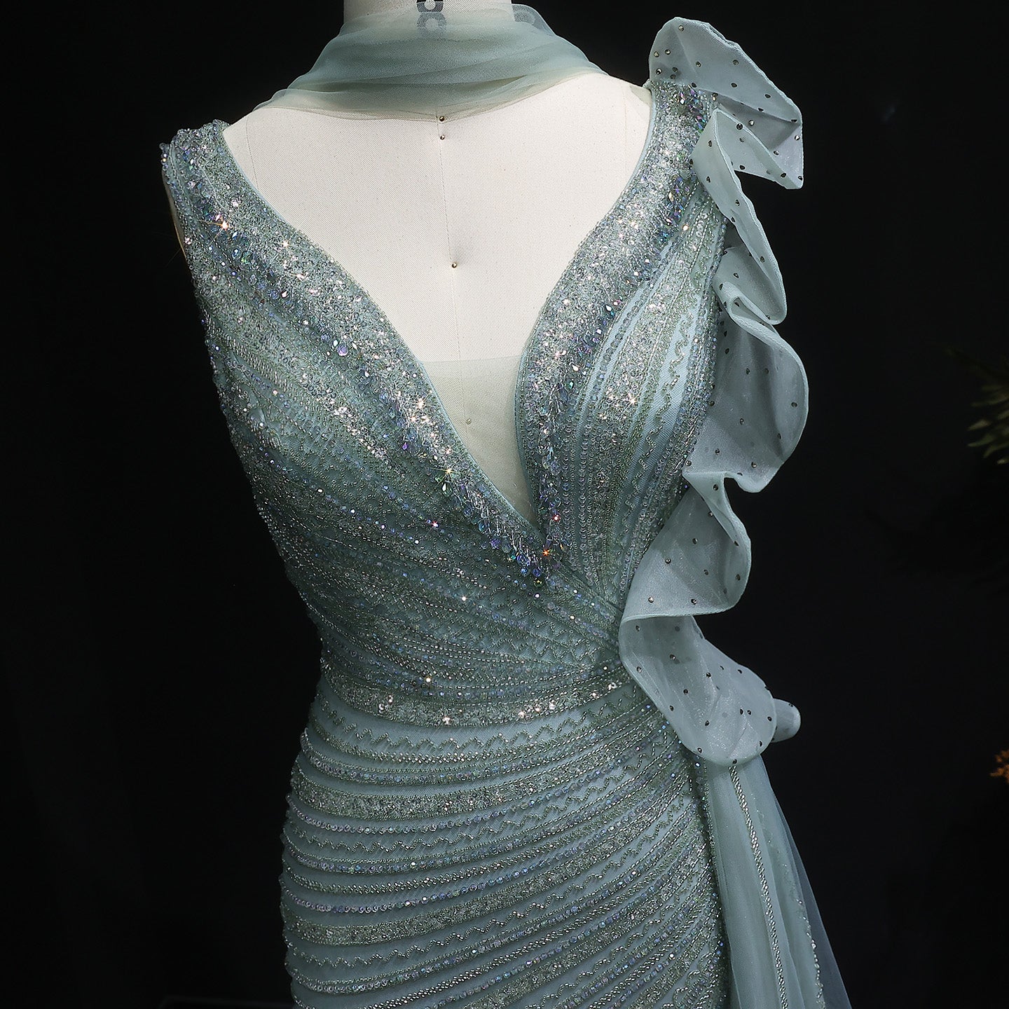 Luxury Beaded Mermaid Evening Dress with Scarf and Overskirt SS189