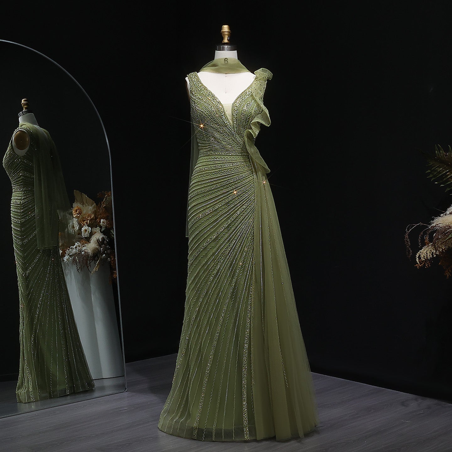 Luxury Beaded Mermaid Evening Dress with Scarf and Overskirt SS189