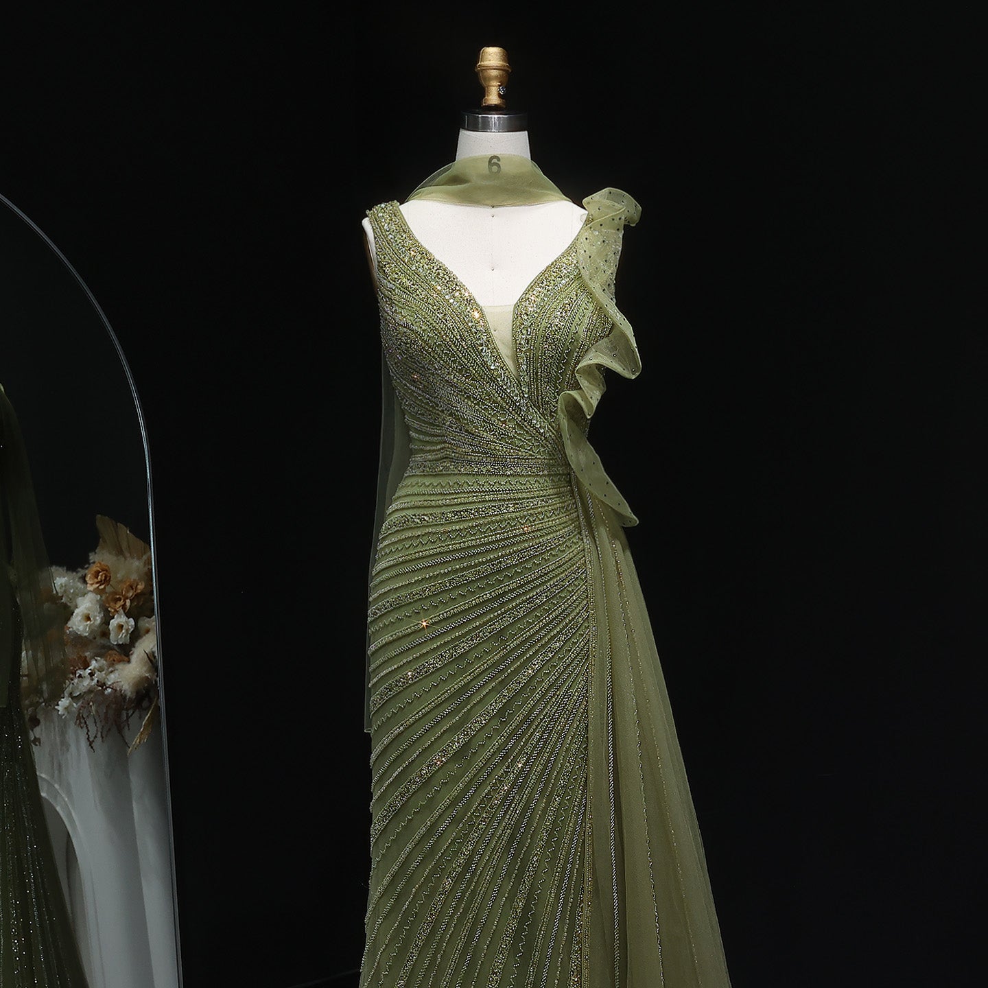 Luxury Beaded Mermaid Evening Dress with Scarf and Overskirt SS189