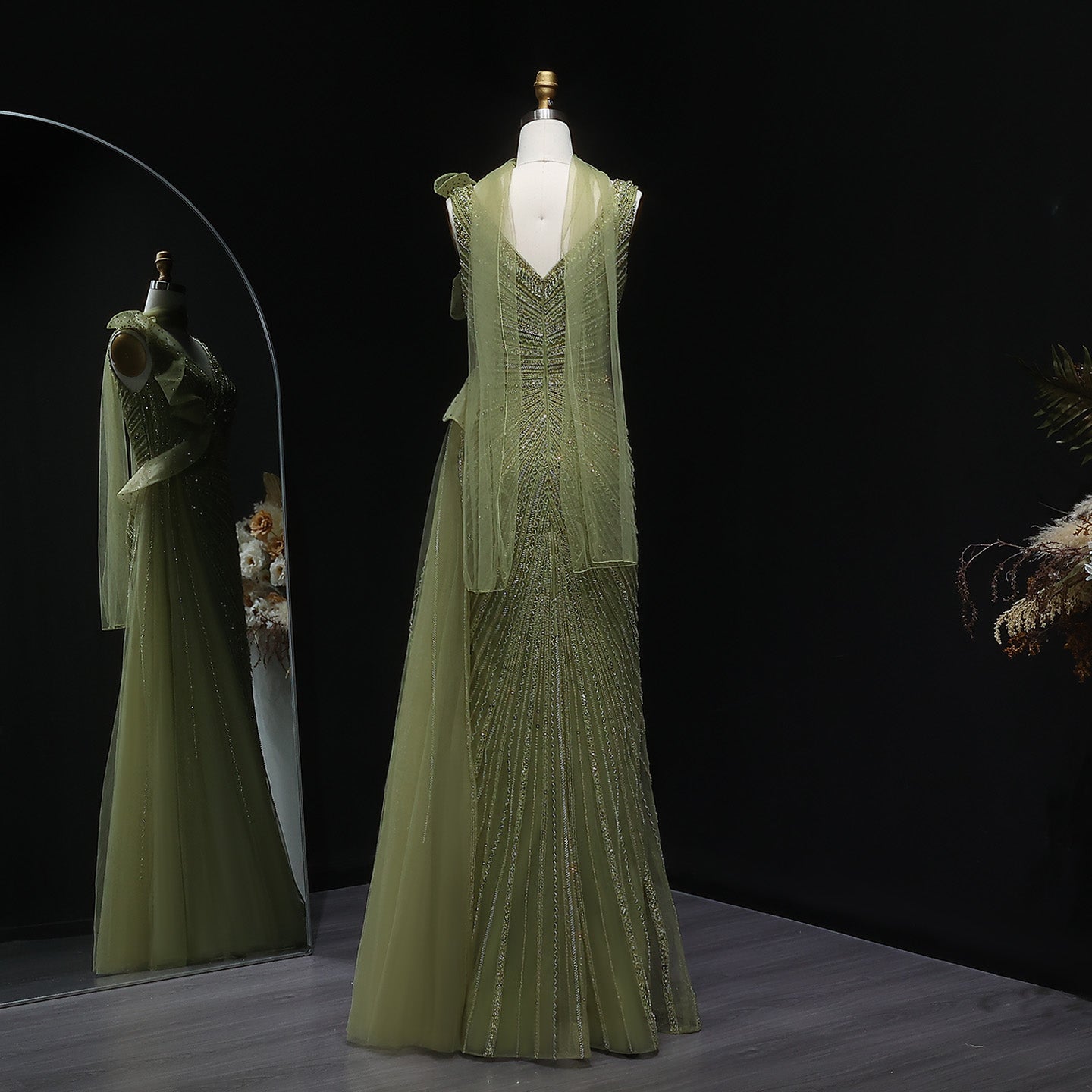 Luxury Beaded Mermaid Evening Dress with Scarf and Overskirt SS189