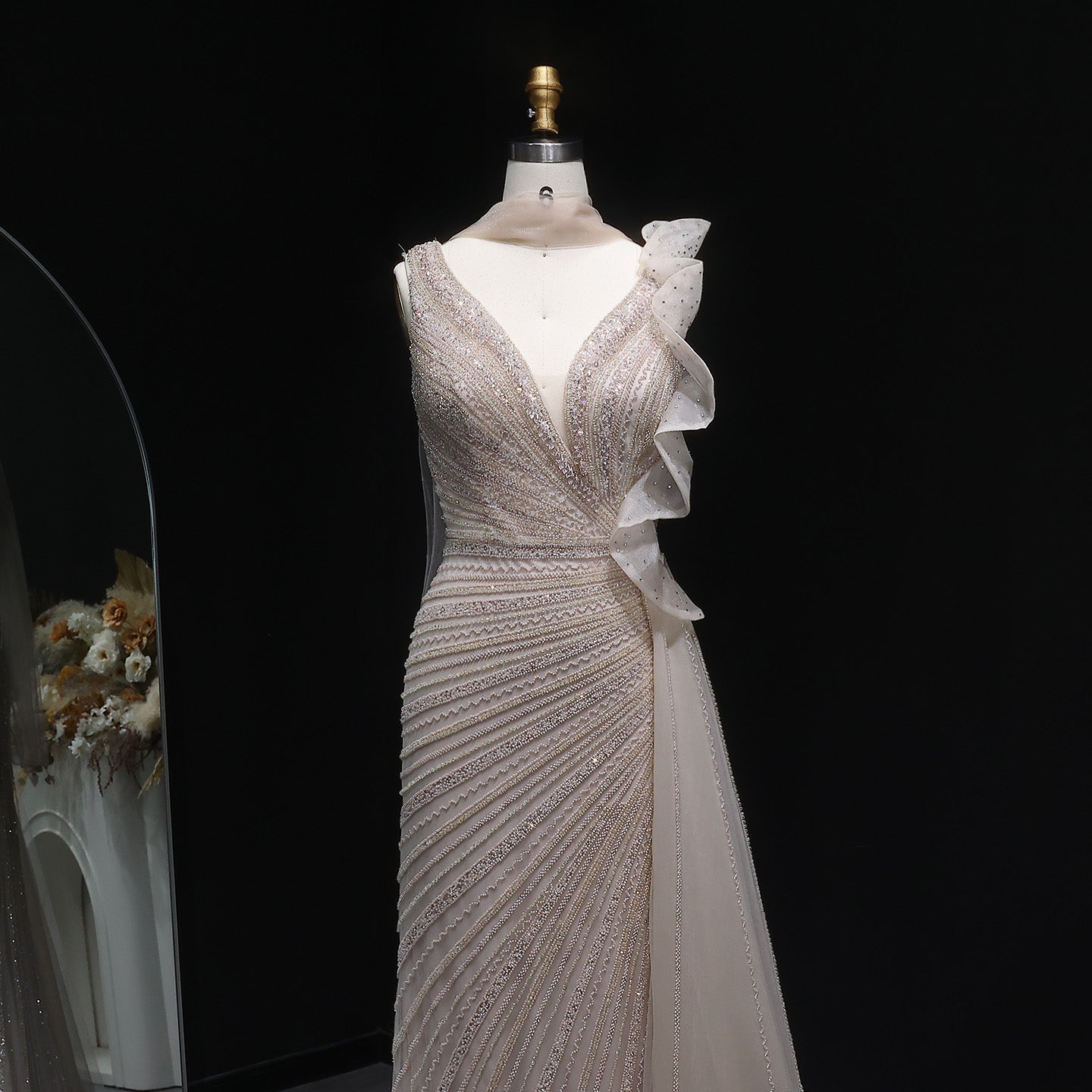 Luxury Beaded Mermaid Evening Dress with Scarf and Overskirt SS189