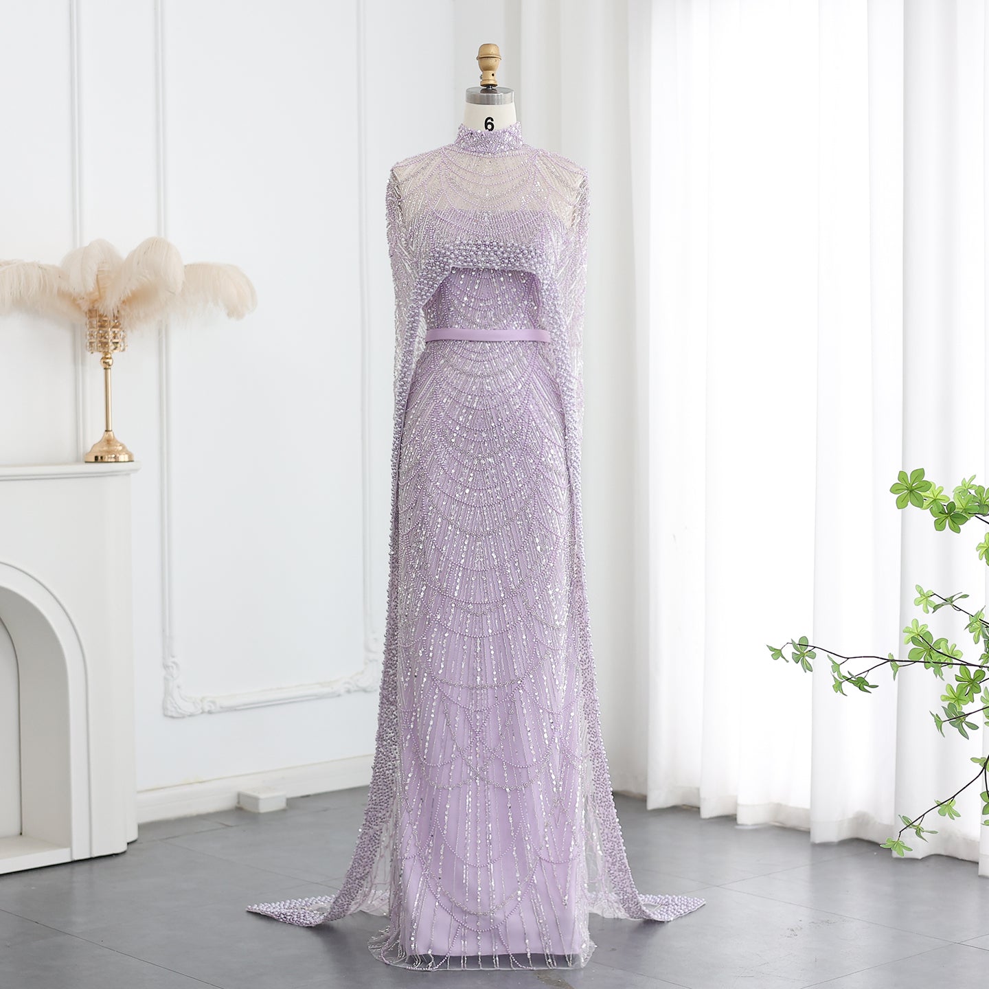 Luxury Pearls Champagne Evening Dress with Cape SS369