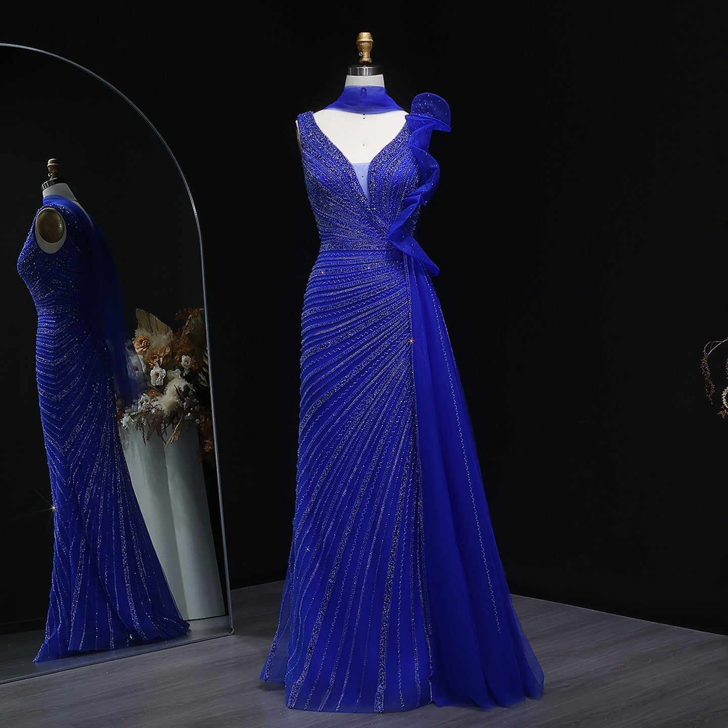 Luxury Beaded Mermaid Evening Dress with Scarf and Overskirt SS189