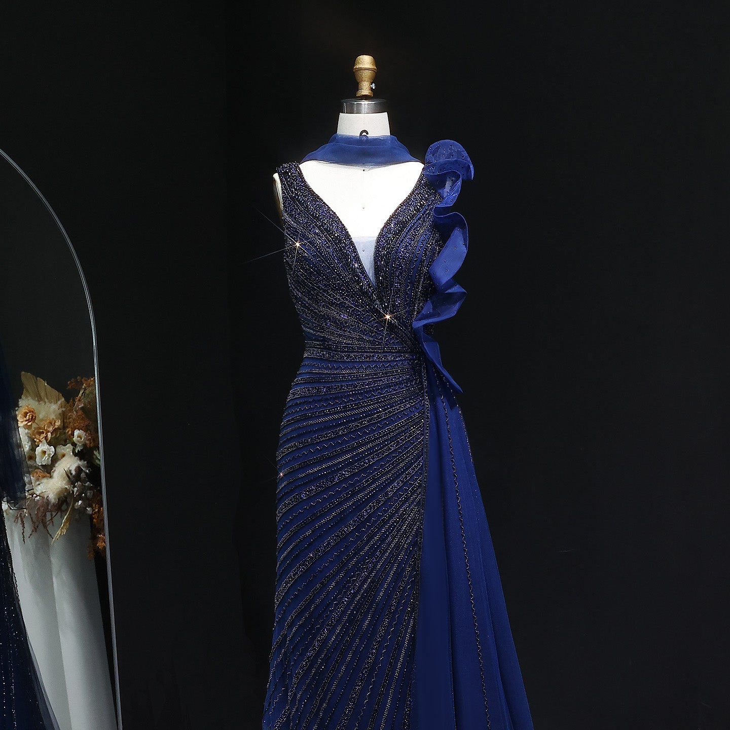 Luxury Beaded Mermaid Evening Dress with Scarf and Overskirt SS189