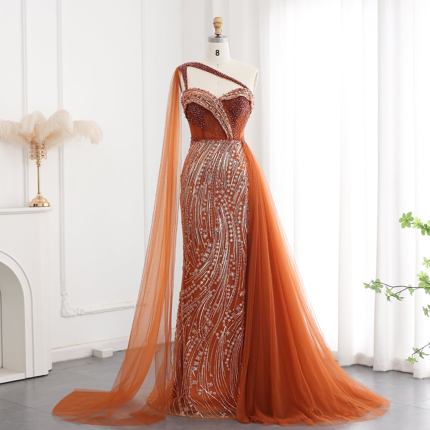 Burgundy One Shoulder Mermaid Evening Dress with Cape Overskirt SS129  Brown / US 20