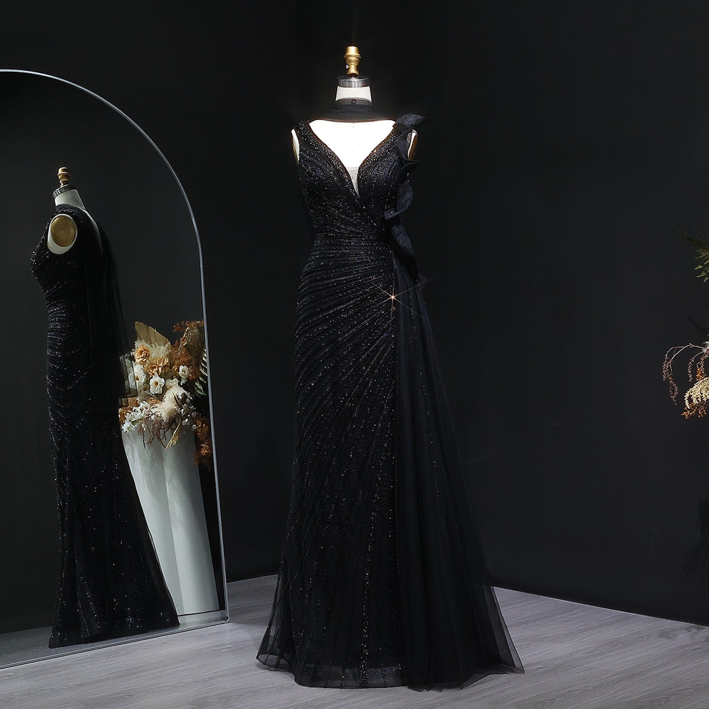 Luxury Beaded Mermaid Evening Dress with Scarf and Overskirt SS189