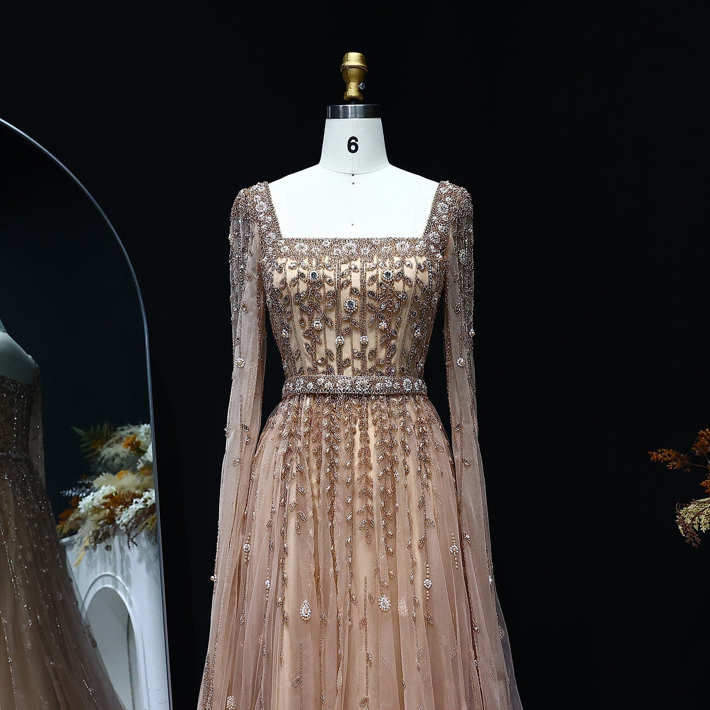 Luxury Square Neck Evening Dress with Cape Sleeves SS494