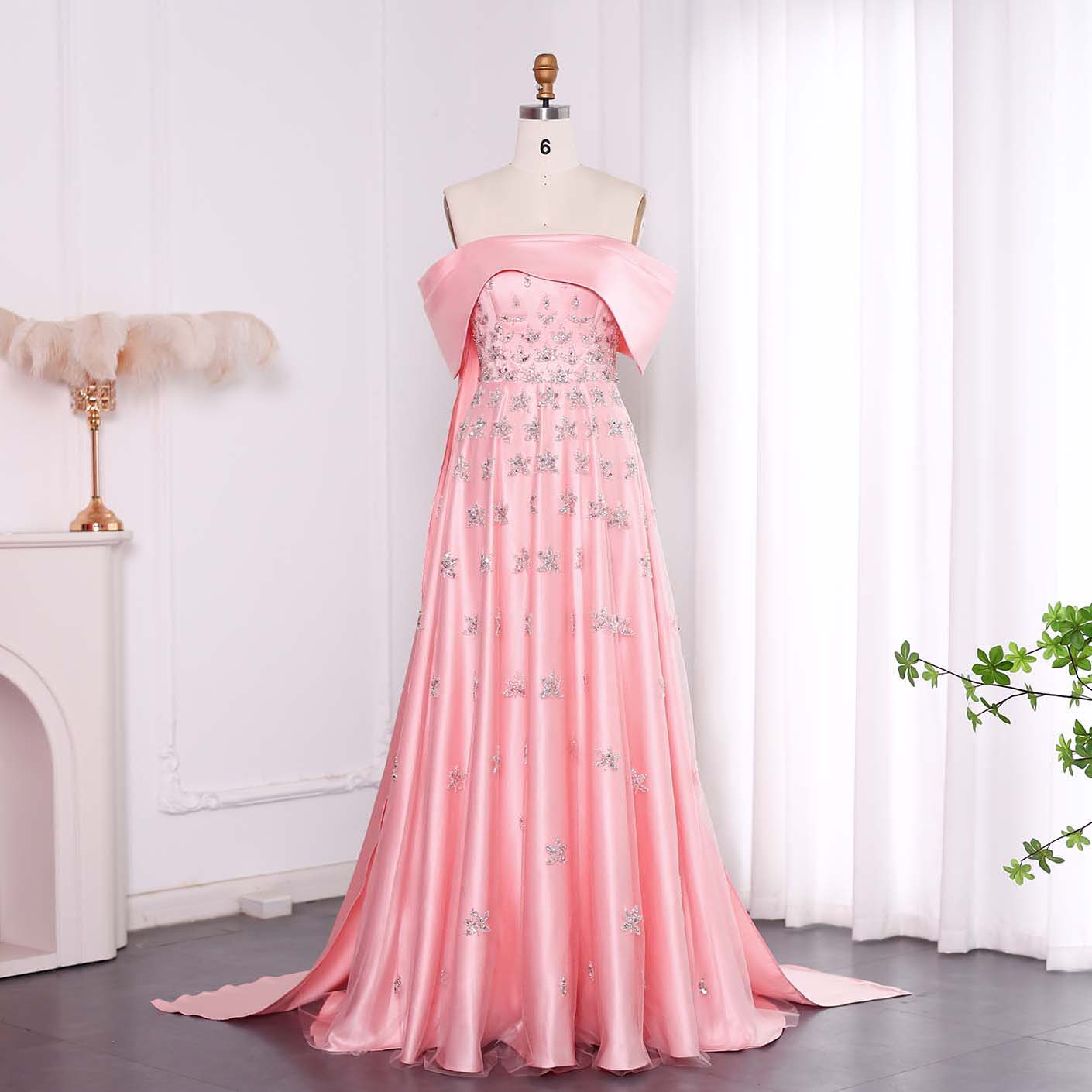 Luxury Yellow Off Shoulder Evening Dress with Cape Train SS455  Pink / US 18