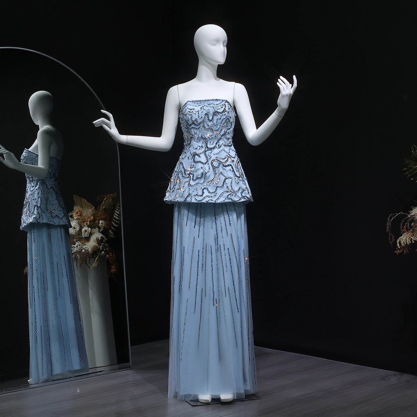 Elegant Rose Pink Crystal Sequin Two Pieces Evening Dress SS218