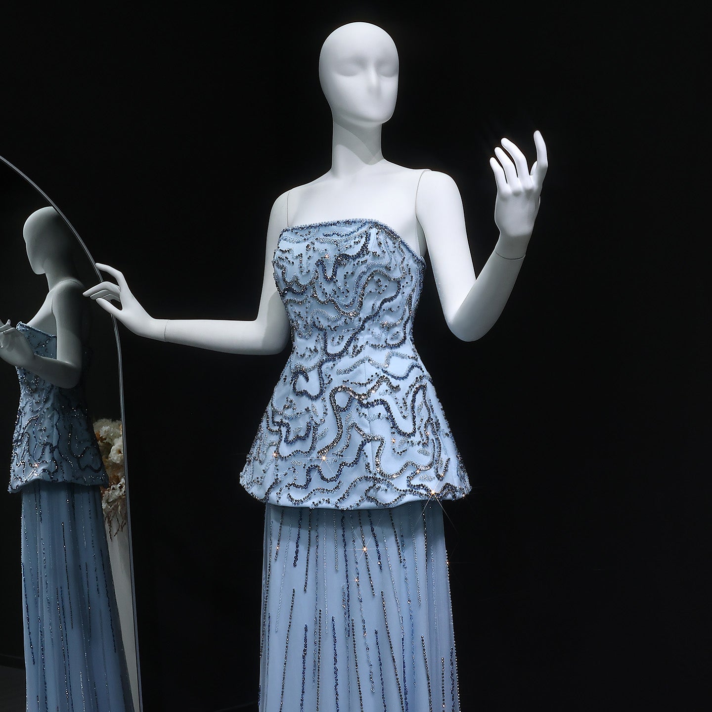 Elegant Rose Pink Crystal Sequin Two Pieces Evening Dress SS218