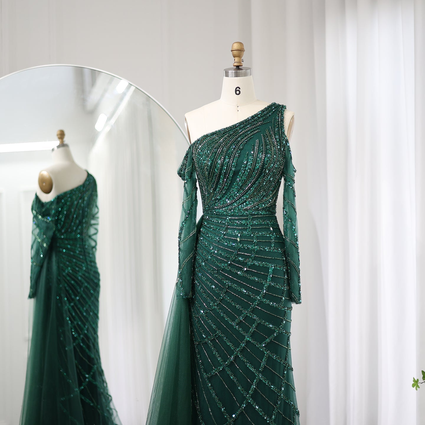 Emerald Green One Shoulder Evening Dress with Overskirt SS197
