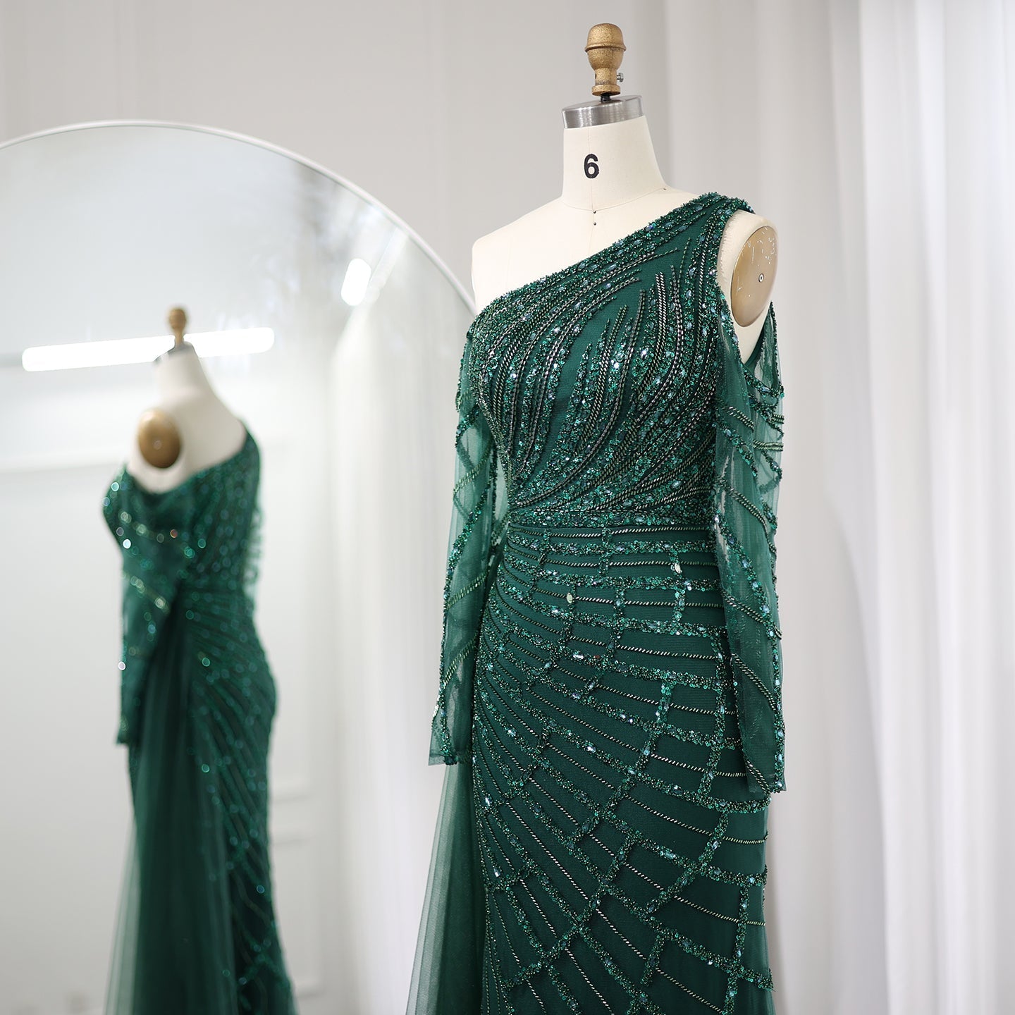 Emerald Green One Shoulder Evening Dress with Overskirt SS197