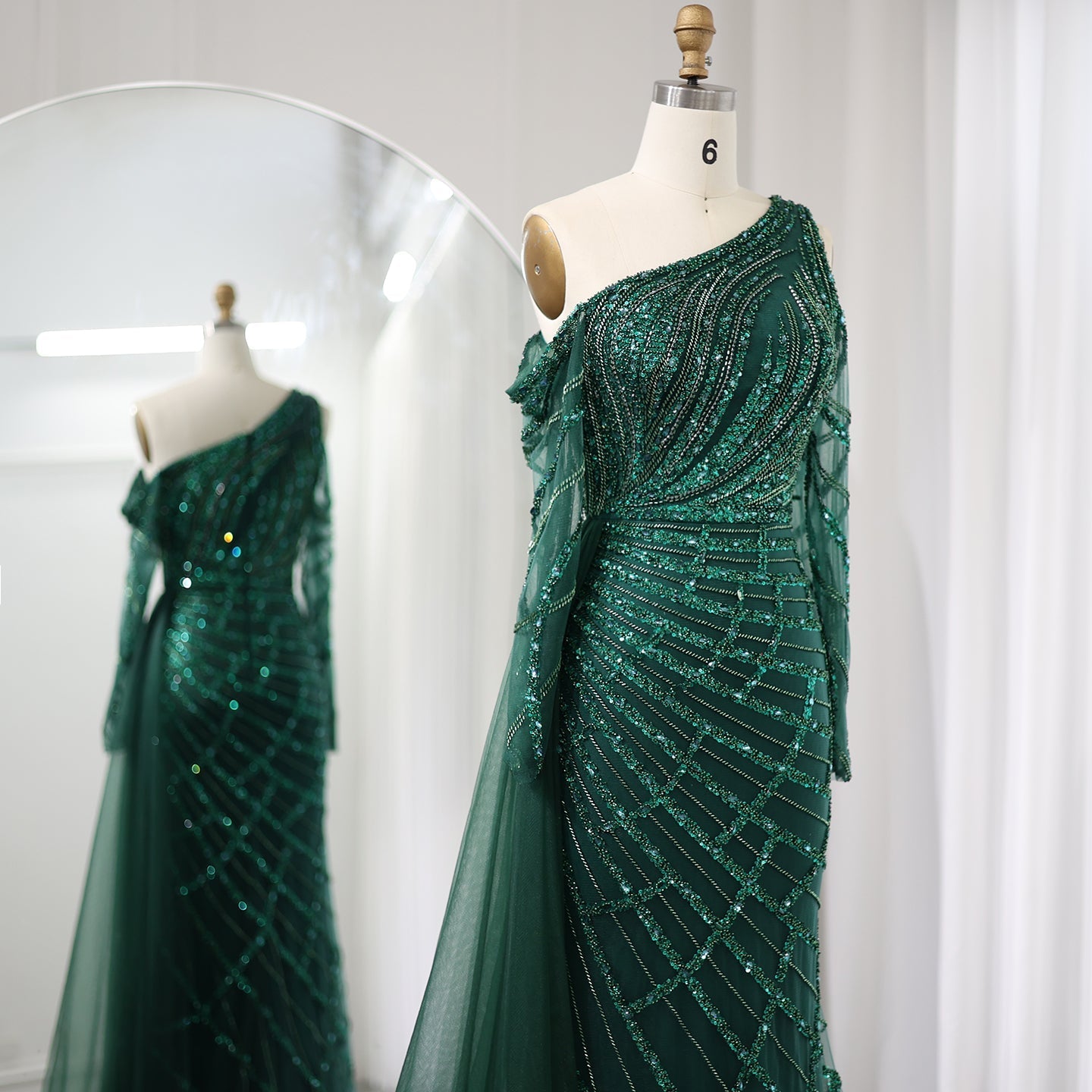 Emerald Green One Shoulder Evening Dress with Overskirt SS197