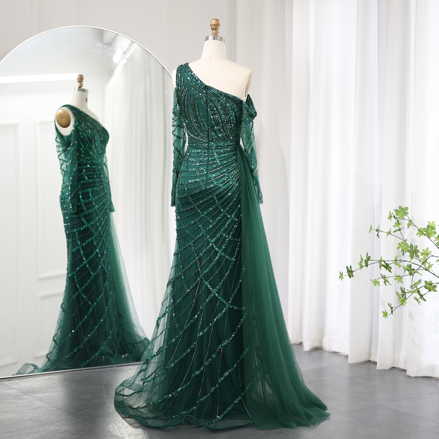 Emerald Green One Shoulder Evening Dress with Overskirt SS197
