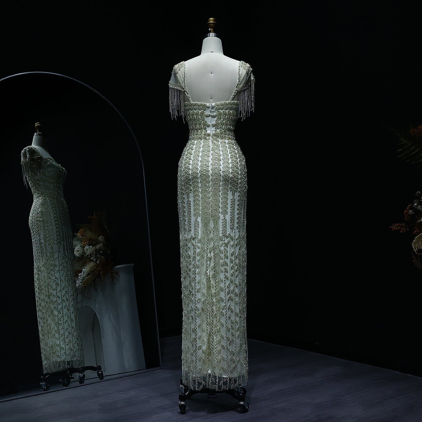 Luxury Tassel Cream Straight Evening Dress SS712  Cream / US 18