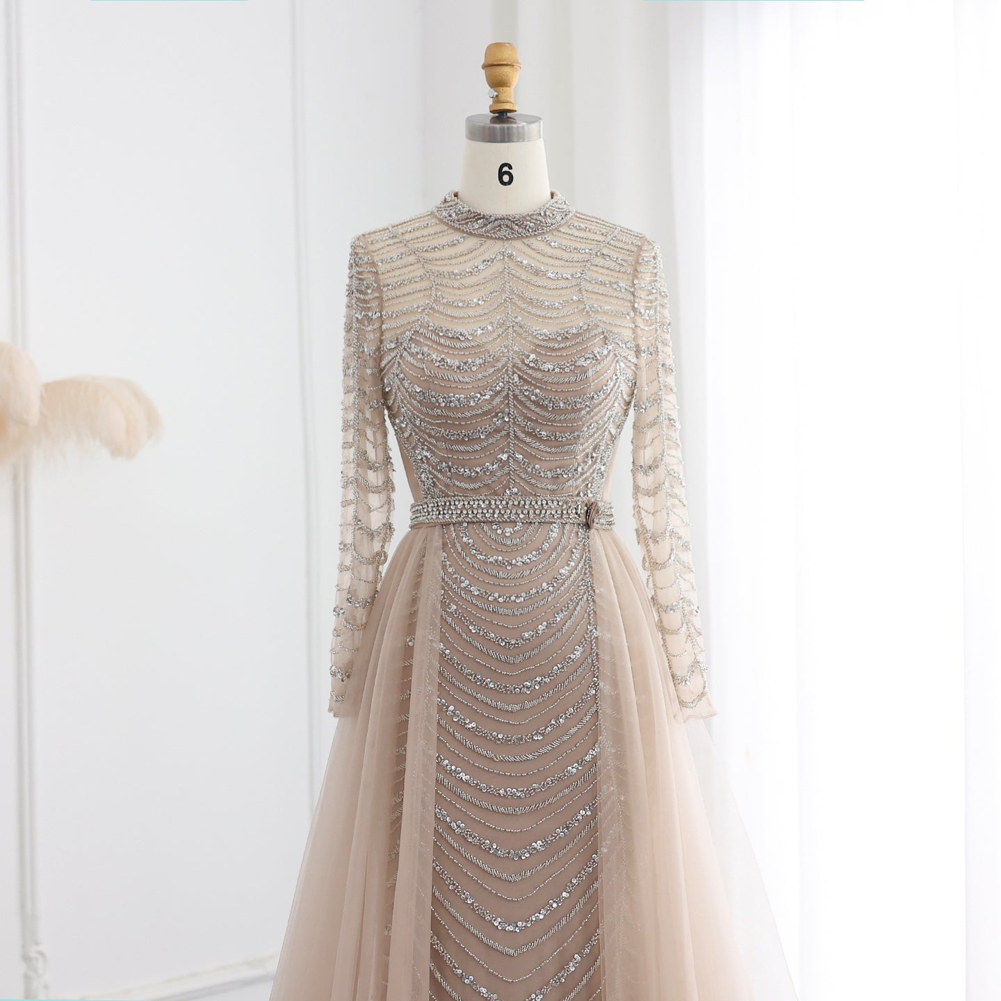 Luxury Champagne Long Sleeves Evening Dress with Overskirt SS173