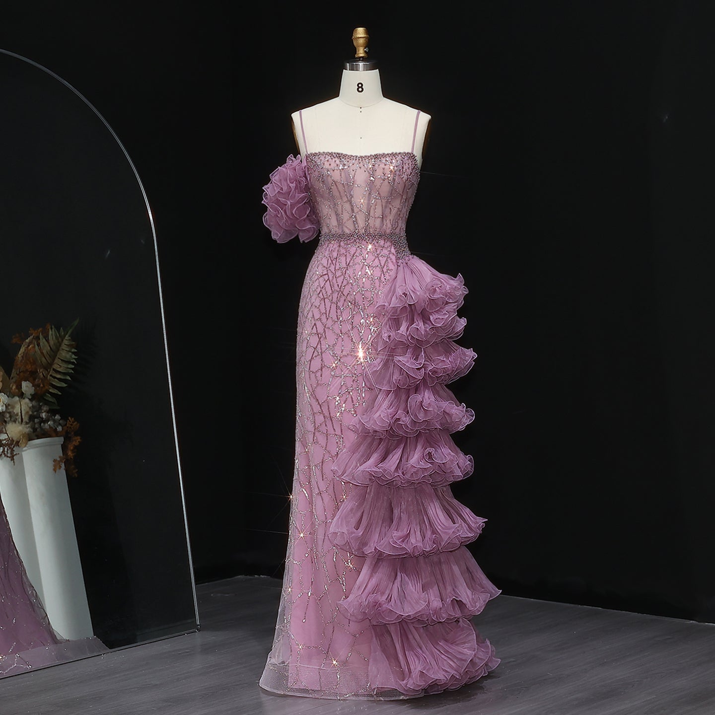 Chic Tiered Ruffles Spaghetti Straps Gold Evening Dress SS046  Pink / US 18