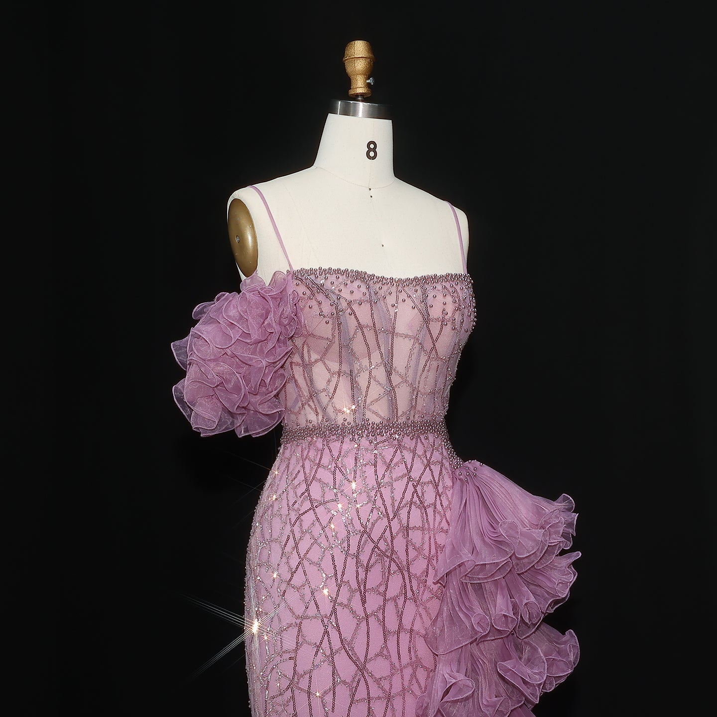 Chic Tiered Ruffles Spaghetti Straps Gold Evening Dress SS046