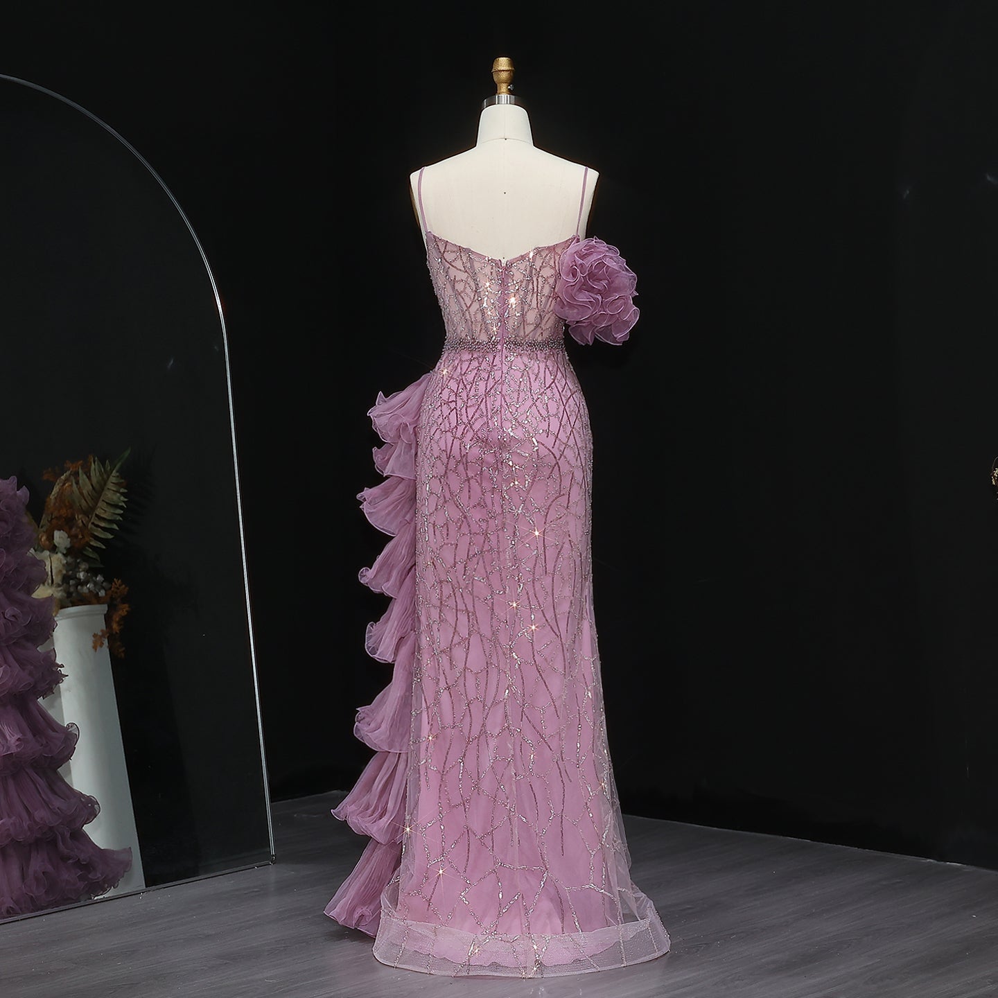 Chic Tiered Ruffles Spaghetti Straps Gold Evening Dress SS046