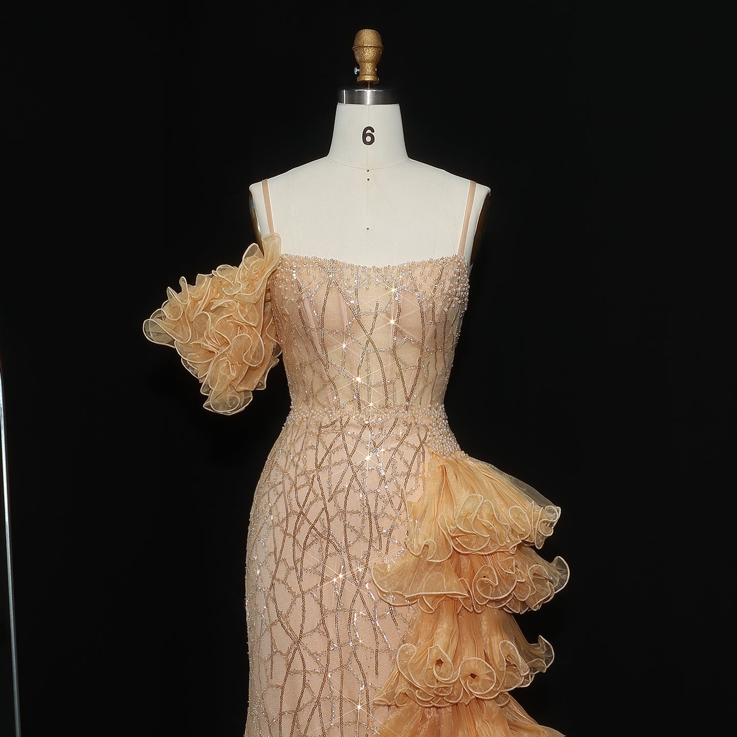 Chic Tiered Ruffles Spaghetti Straps Gold Evening Dress SS046