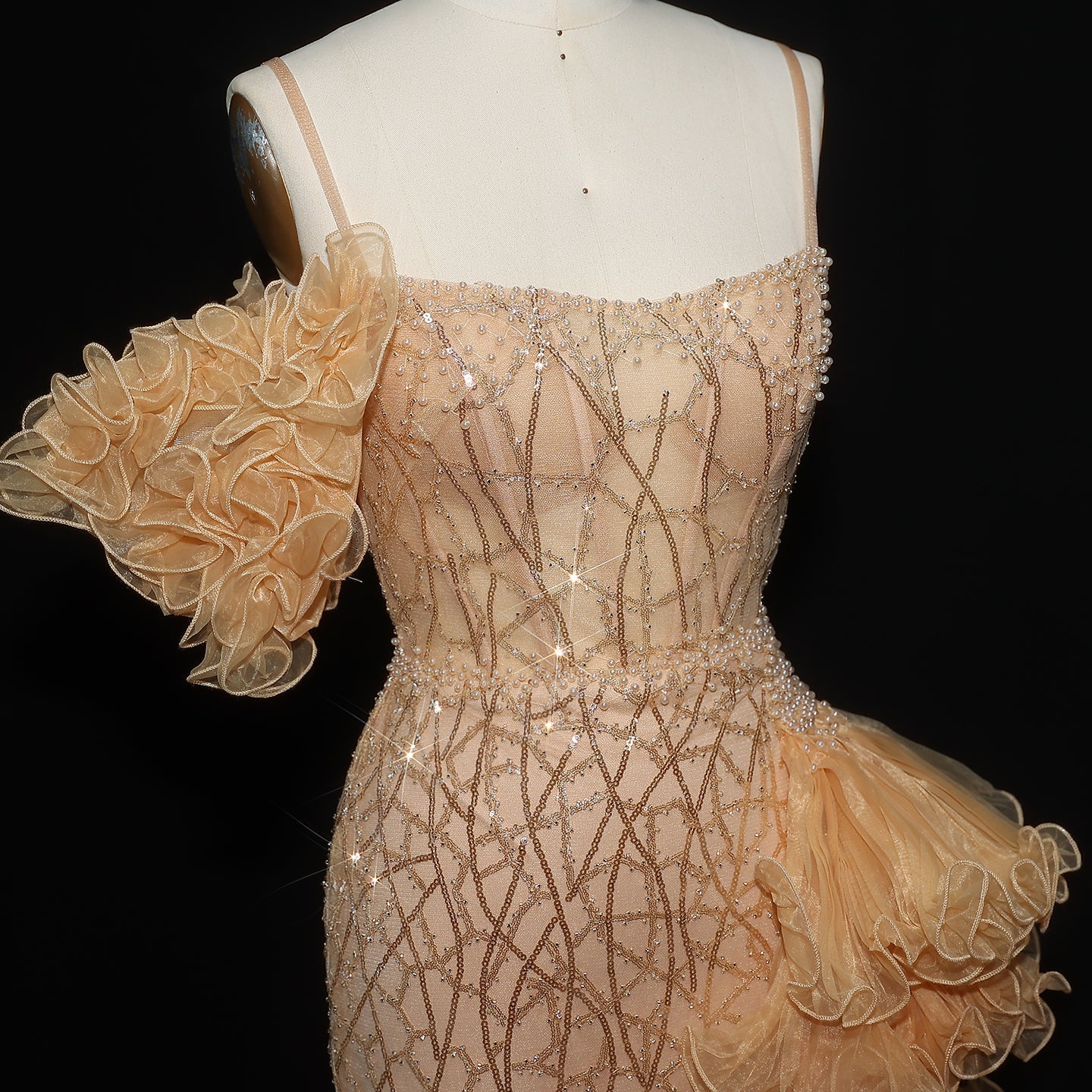 Chic Tiered Ruffles Spaghetti Straps Gold Evening Dress SS046