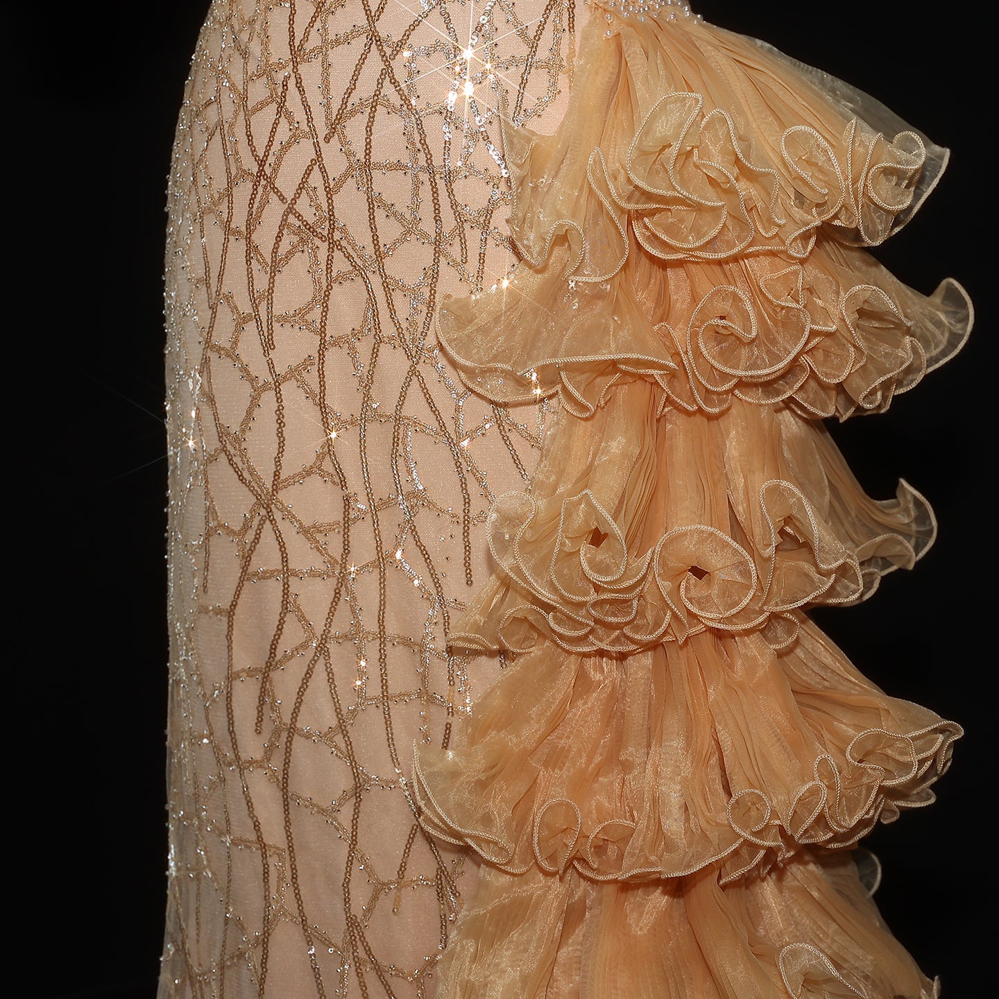 Chic Tiered Ruffles Spaghetti Straps Gold Evening Dress SS046